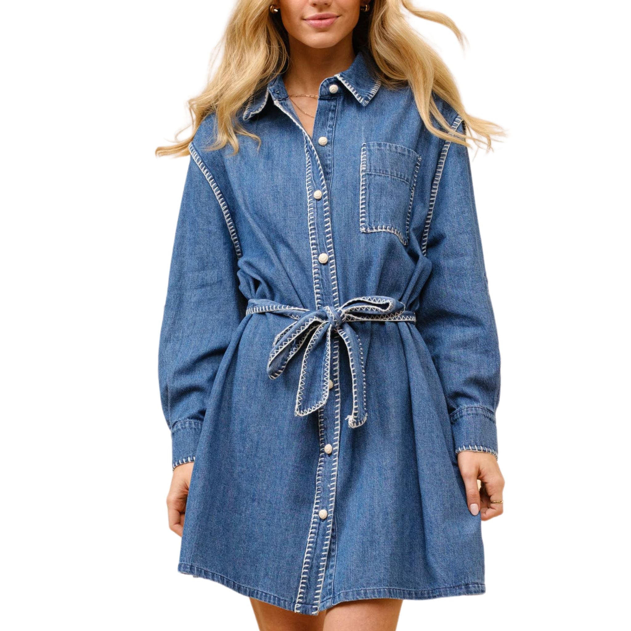 Blanket Stitch Button Up Denim Shirt Dress for Women - Casual & Stylish Outfit for Spring, Fall, and Layering