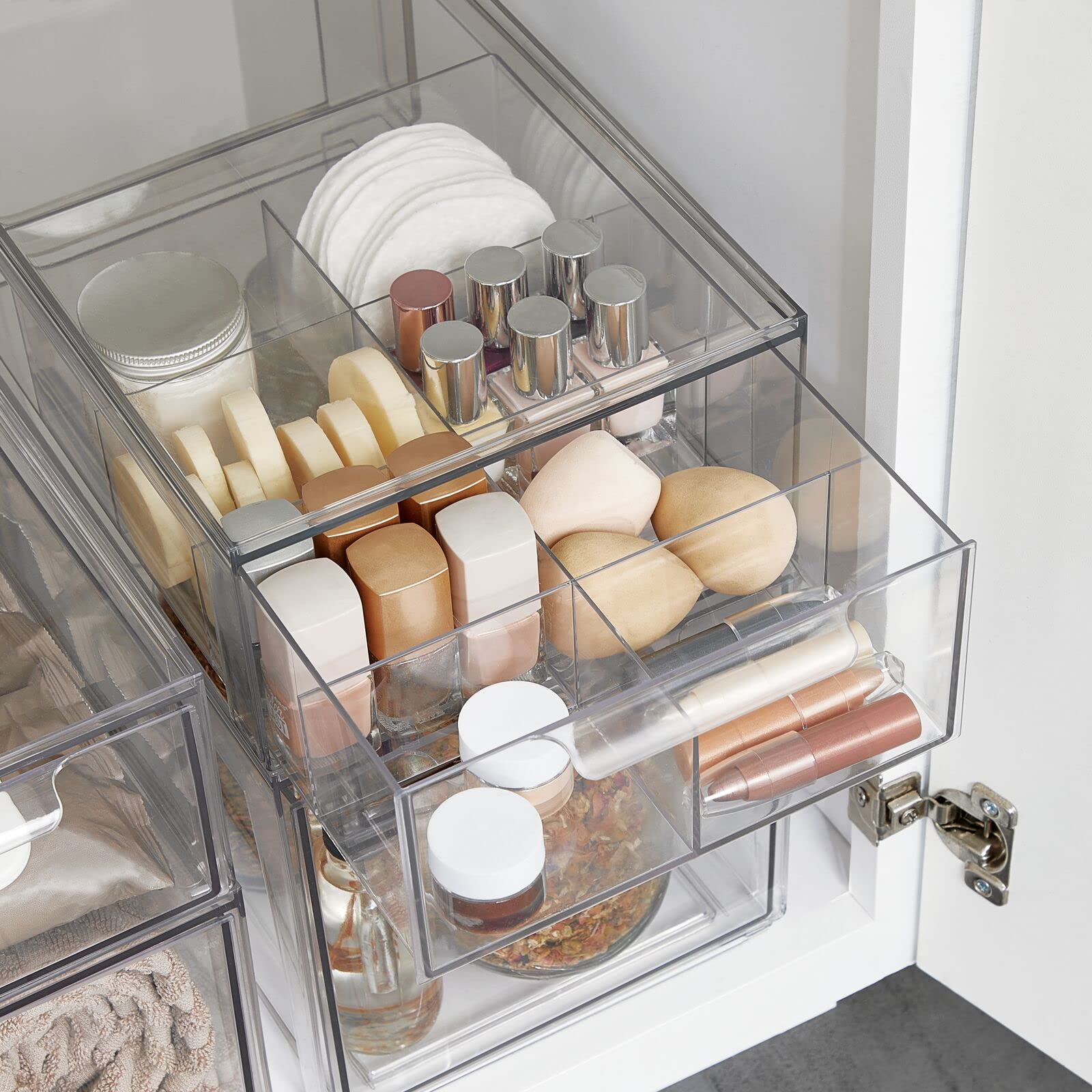 mDesign Plastic Kitchen and Pantry Organizer with Divided Drawer - Stackable 8-Section Bin for Tea, Snacks, Spices - Perfect for Cabinet, Fridge, Countertop Storage - Clear Lumiere Collection (4-Pack) - Ideal for Small Space Organization & Kitchen Decluttering