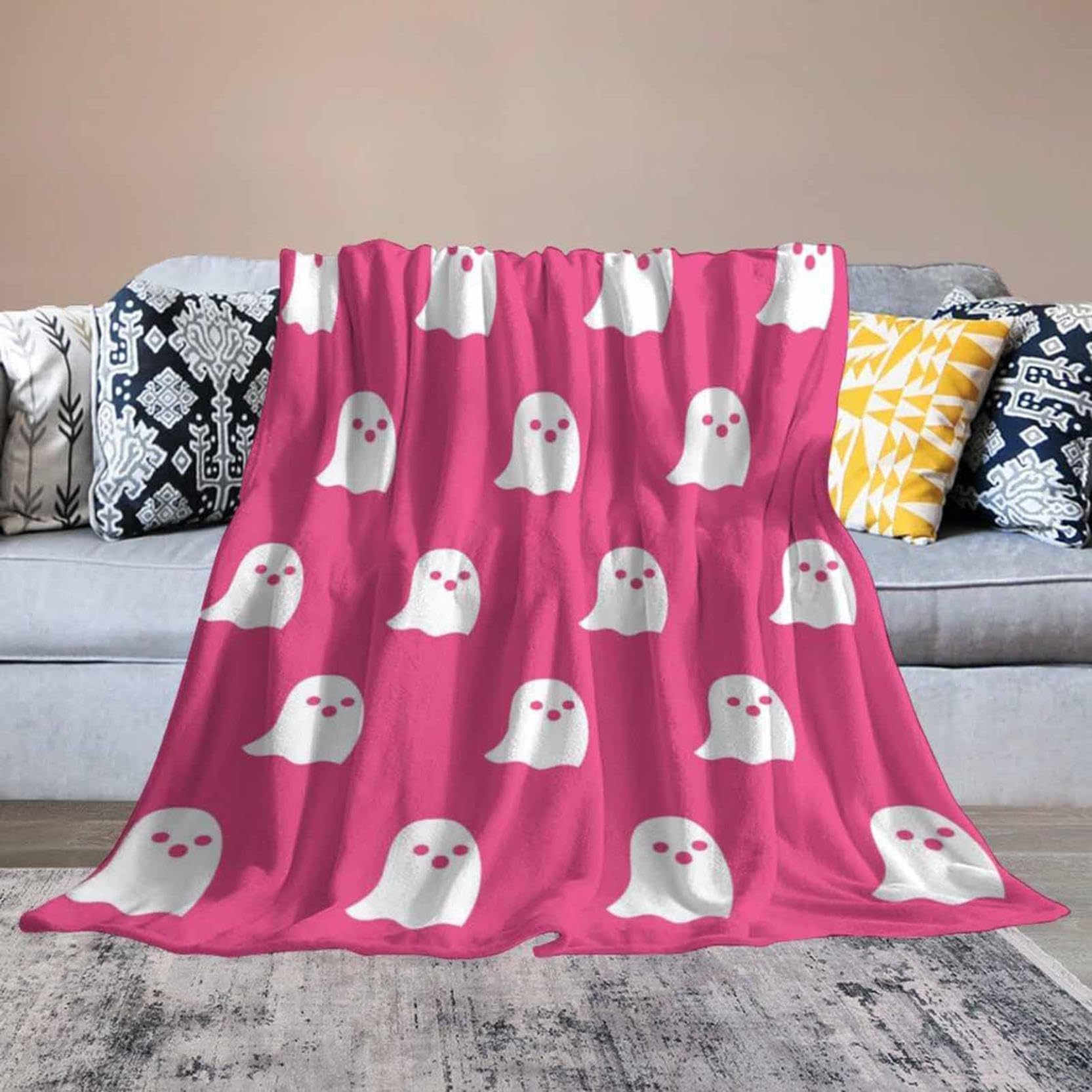 Otvok Halloween Ghost Blanket - Soft Flannel Double-Sided Plush Throw Blanket for All Seasons (60x50 Inches) - Cute Kawaii Blanket for Sofa, Couch, Bed & Halloween Decorations - Perfect for Movie Nights, Cozy Evenings & Spooky Party Decor