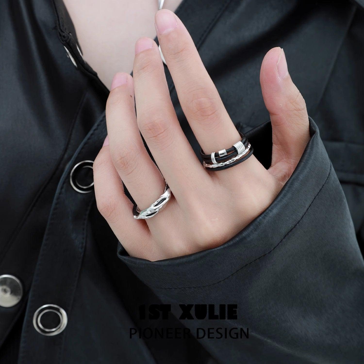 Black Mirror Cowhide Sterling Silver S925 Adjustable Ring for Women - Gothic Boho Jewelry for Everyday Wear & Special Occasions