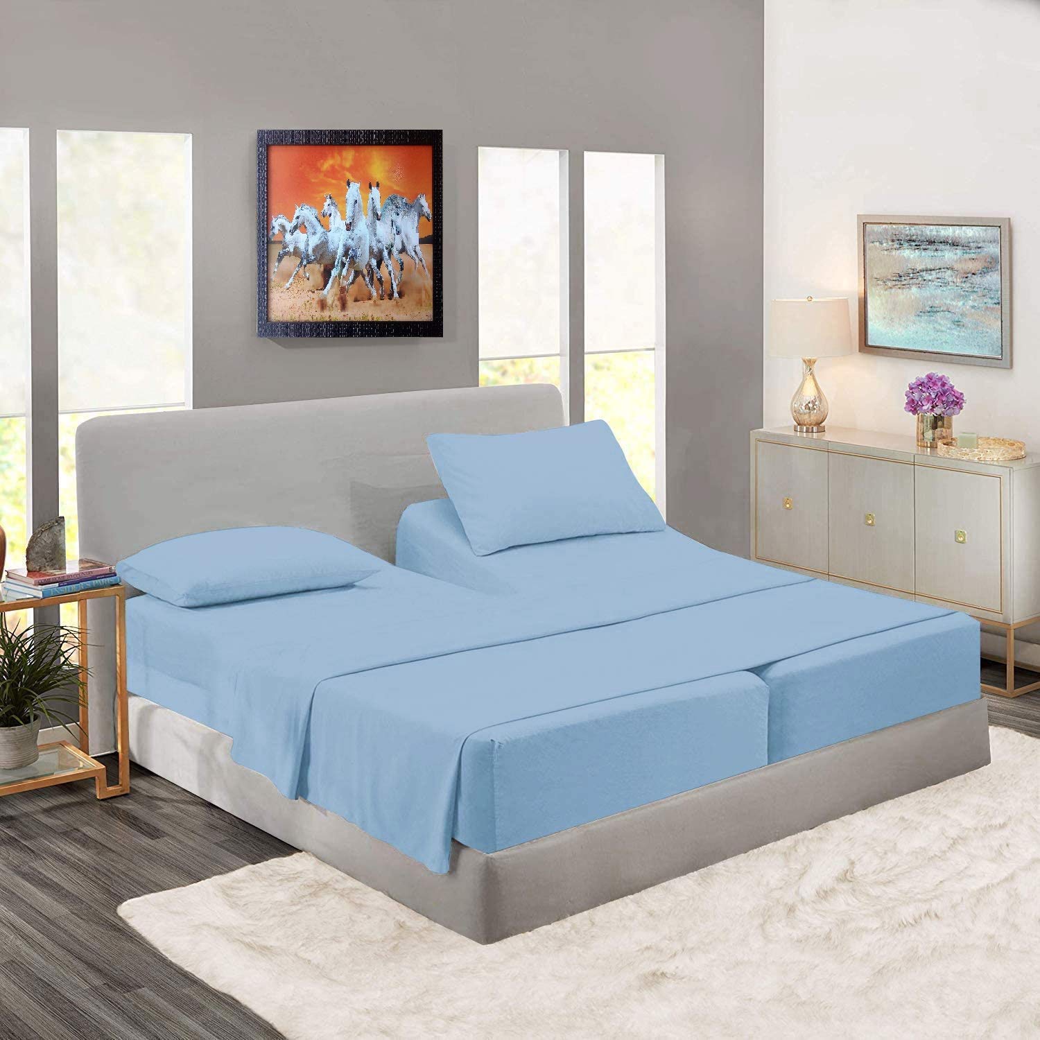 Split California King Sheet Set - 5 Piece 100% Cotton Adjustable Bed Sheets for 15-18 Inch Deep Mattress, Light Blue Solid Color | Perfect for Adjustable Beds, Guest Rooms & Master Bedrooms