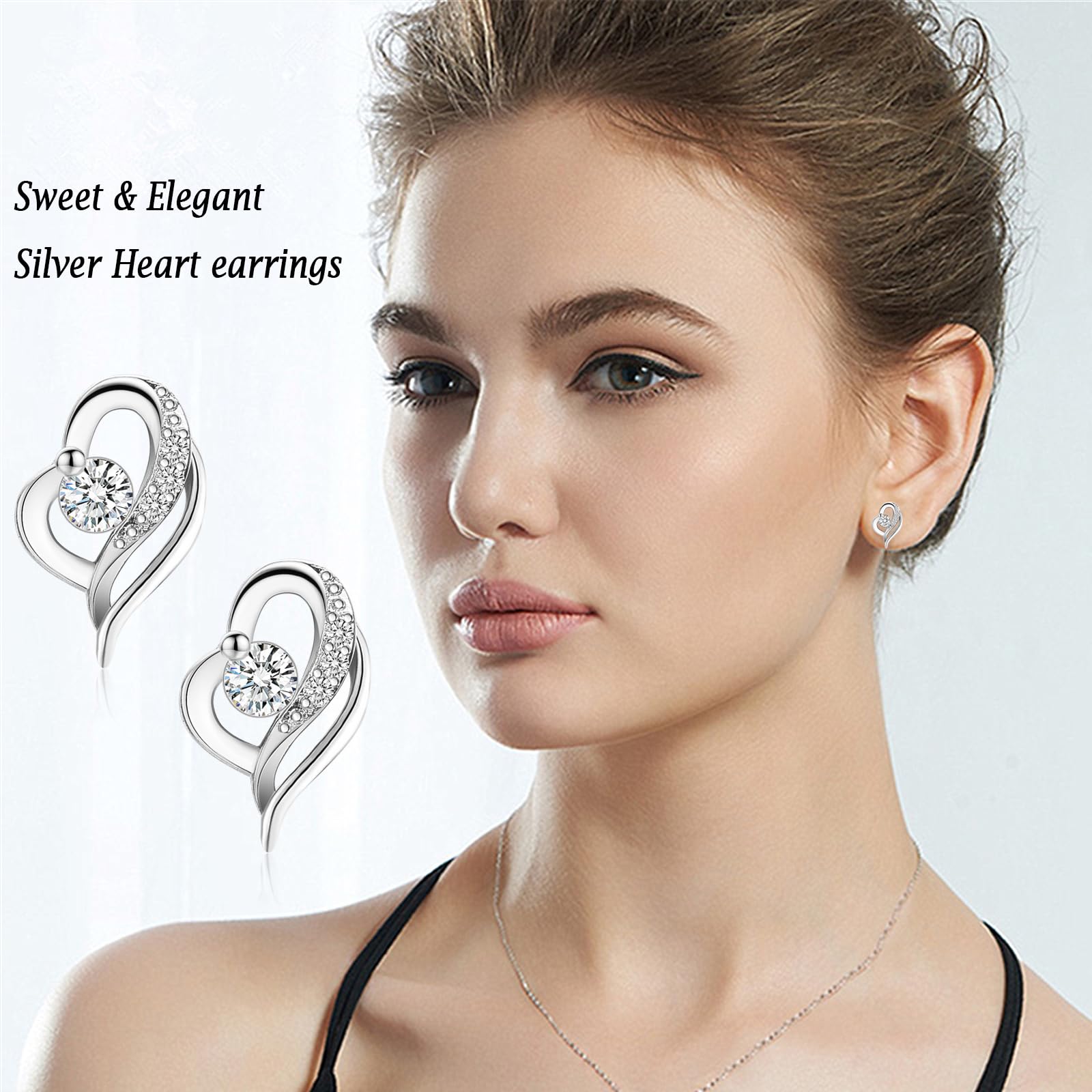 Hypoallergenic Sterling Silver Heart Stud Earrings with Cubic Zirconia for Women - Elegant Jewelry Gift for Birthday, Christmas & Anniversary - Perfect for Daily Wear, Date Night & Special Occasions