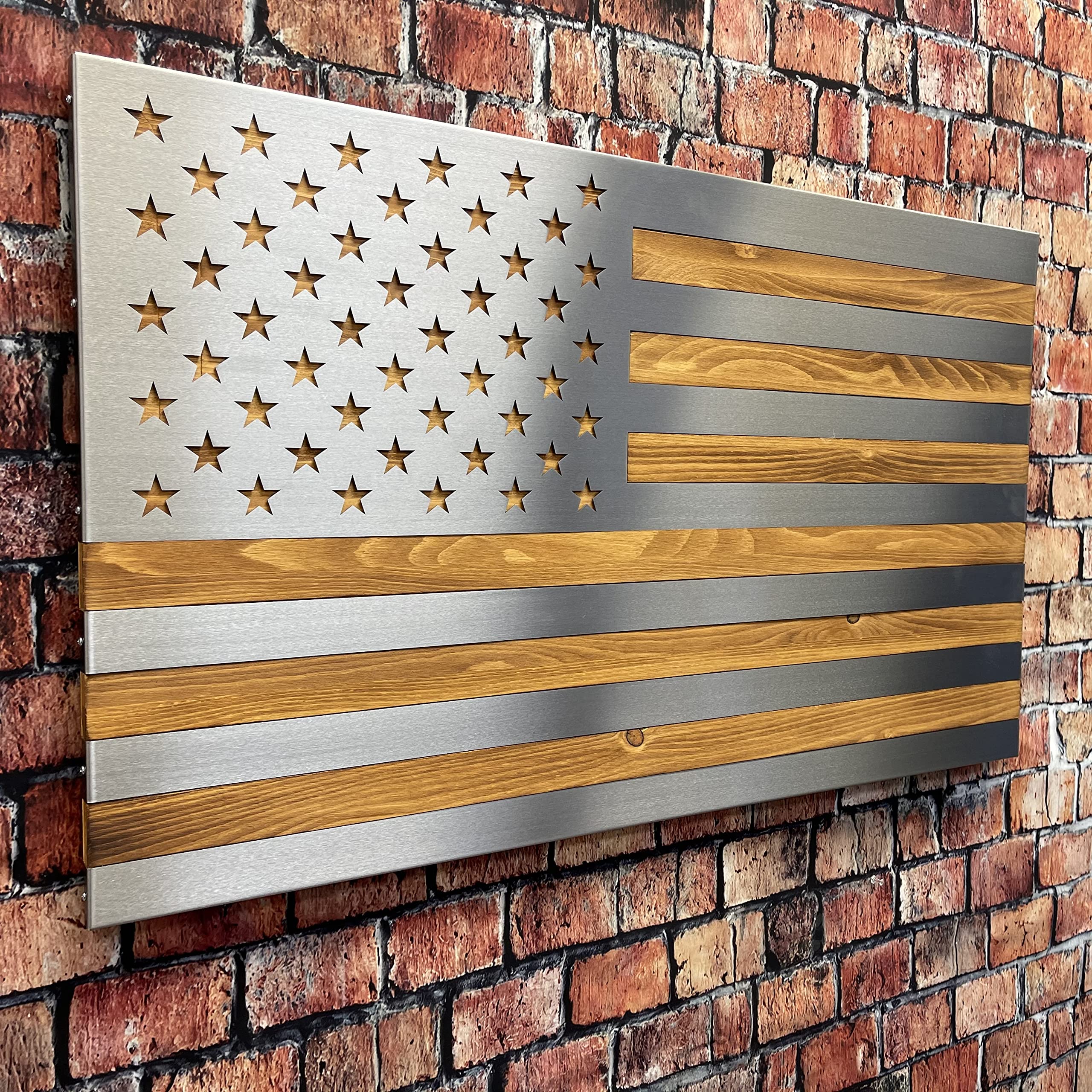 Burnt & Oiled Pine with Polished Steel Inlay American Flag Wall Art - Rustic Patriotic Home Decor for Living Room, Office & Man Cave
