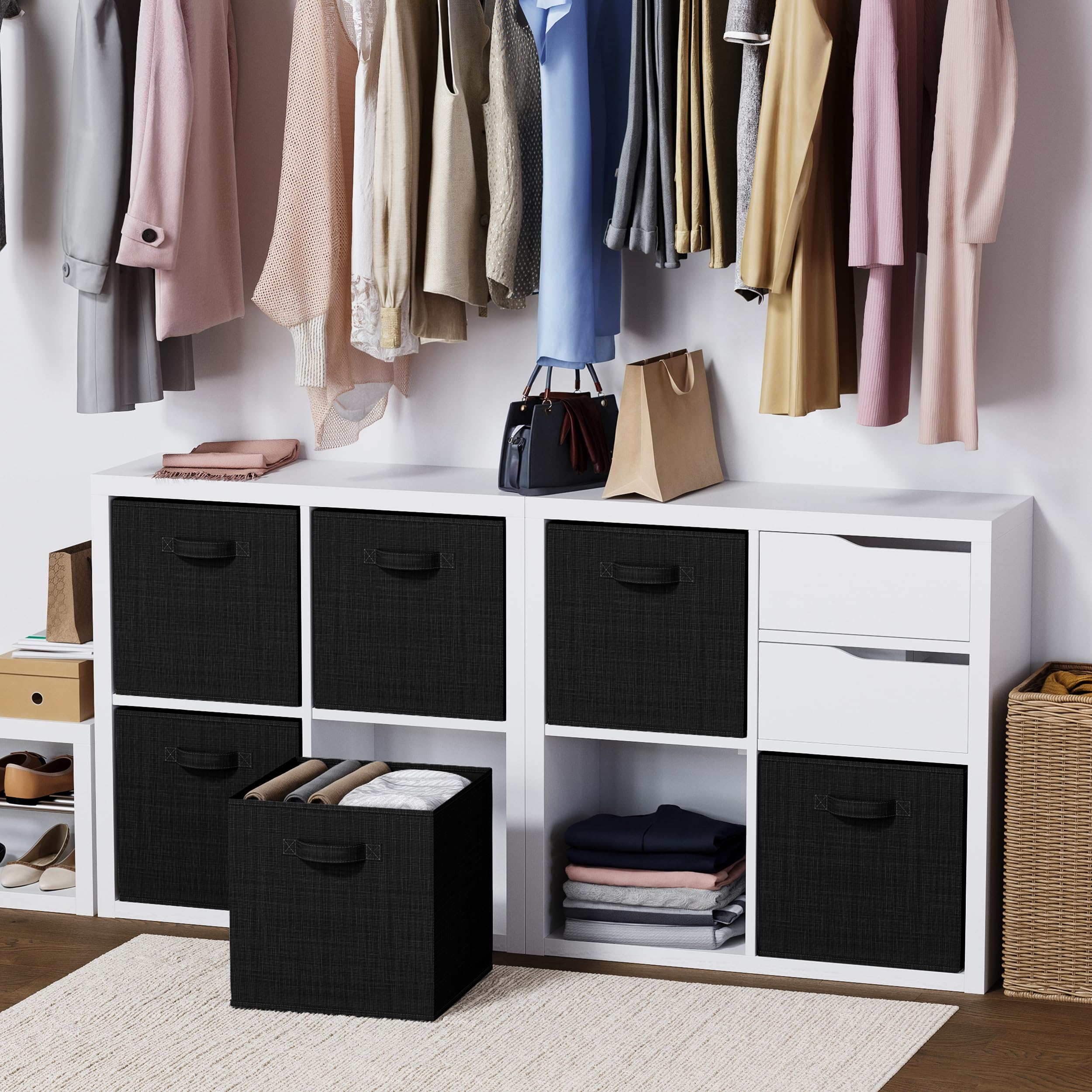 Heavy Duty Fabric Storage Cubes 6-Pack - 13 Inch Textured Black Storage Bins for Cube Organizer | Closet Clothes Storage Box, Shelves & Cubbies Organizer | Perfect for Bedroom, Closet & Office Organization