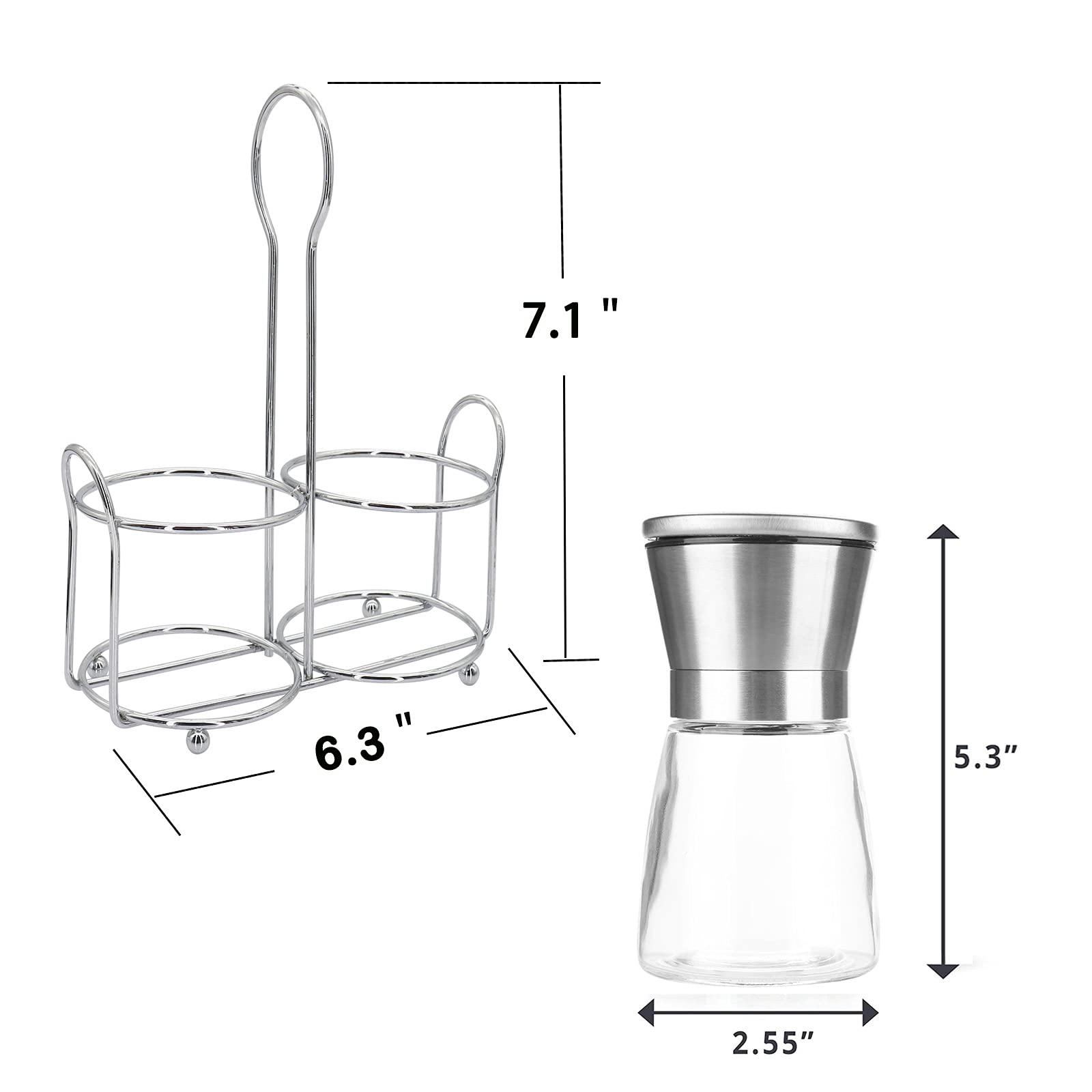 Premium Stainless Steel Salt and Pepper Grinder Set - Adjustable Coarseness, Refillable Glass Shakers for Himalayan Salt & Black Peppercorns with Bonus Stand - Perfect for Kitchen, Dining Table & Gourmet Cooking