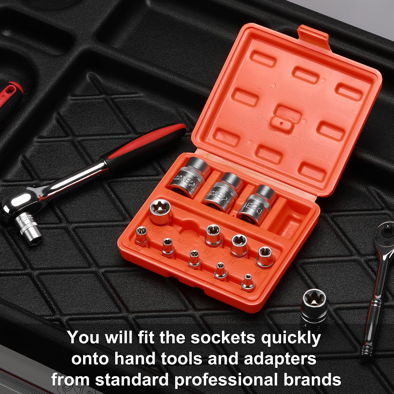 CASOMAN 14-Piece Female E-TORX Star Socket Set - E4 to E24 Torque Sockets with 1/4