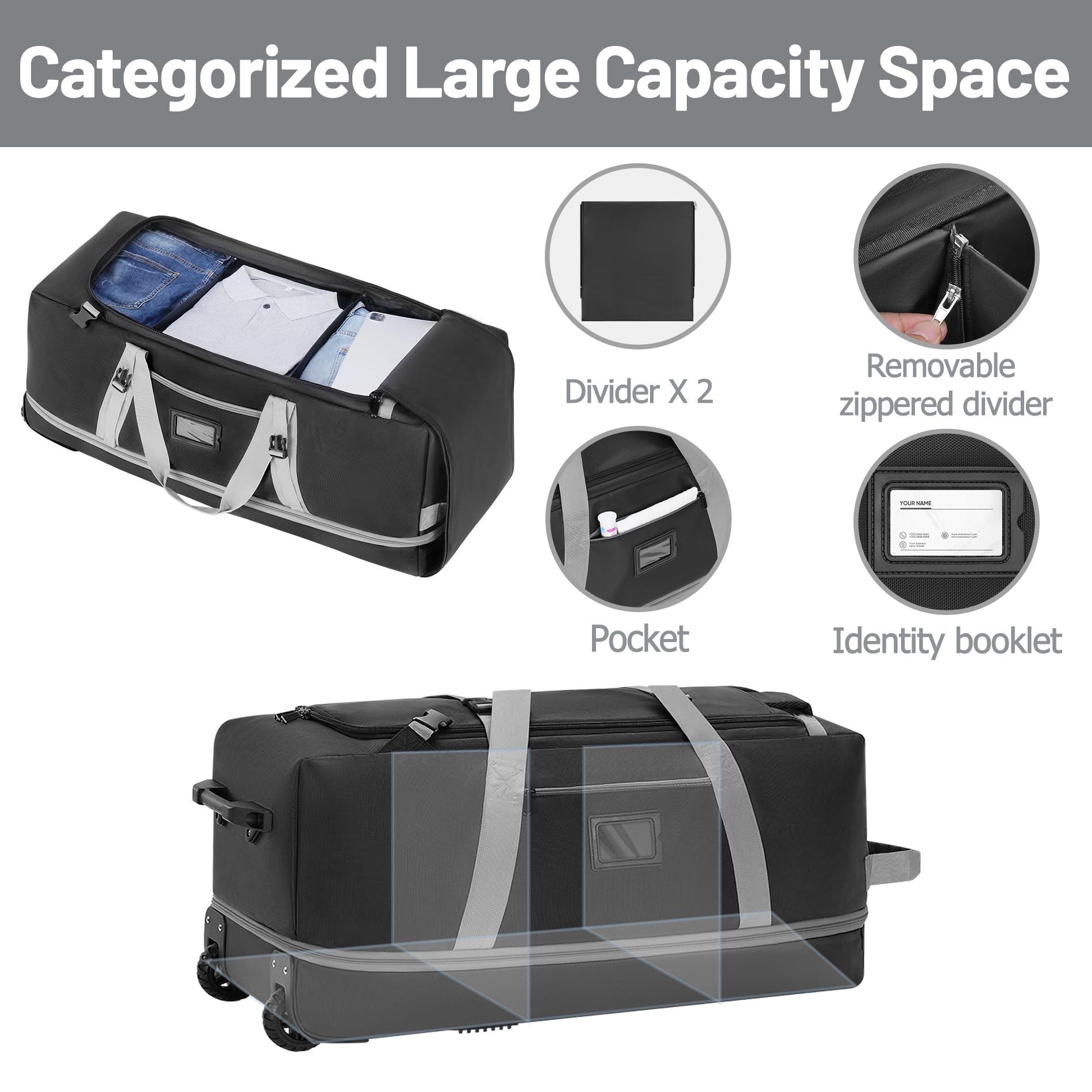 Large Rolling Duffle Bag with Wheels - Expandable 109L to 129L Travel Luggage with Multiple Pockets - Perfect for Air Travel, Road Trips & Gym Gear Storage