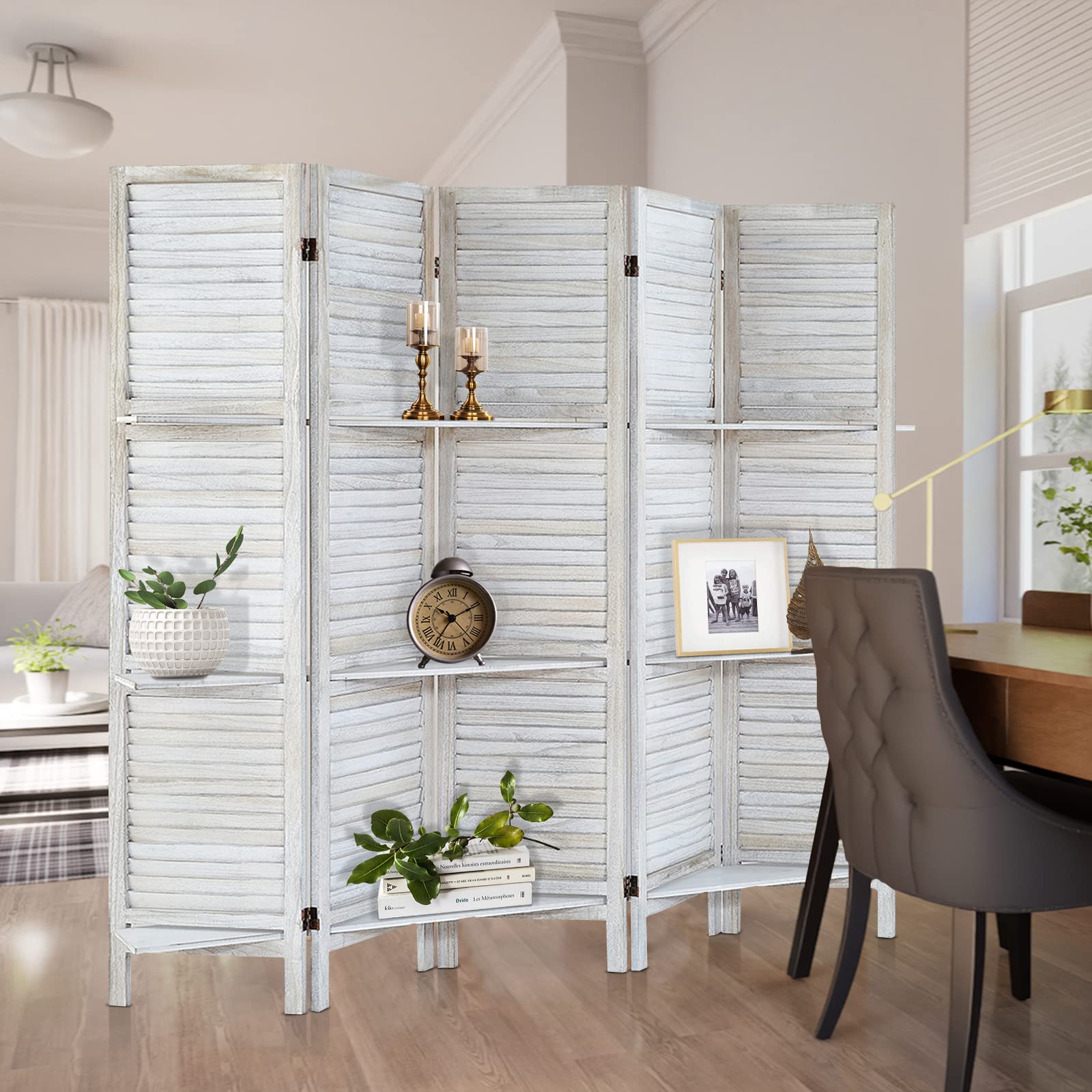 5-Panel Wooden Room Divider with Shelves - Privacy Screen & Folding Partition Wall Separator - Coconut Finish for Home Office, Bedroom, and Living Room Space Division