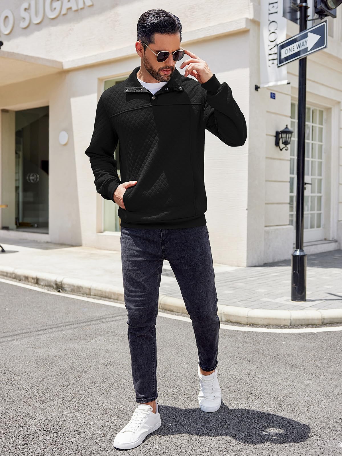 COOFANDY Men's Quilted Quarter Sweatshirt - Long Sleeve Mock Neck Waffle Knit Pullover with Pockets | Casual Streetwear & Outdoor Activewear for Fall Winter Seasons