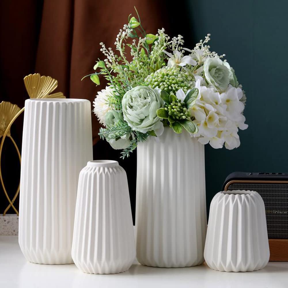 White Ceramic Vase Set - Small & Large Flower Vases with Wide Opening for Home & Office Decor | Modern Boho Cylinder Vases Perfect as Shelf Display, Table Centerpiece, Wedding & Event Decor (Set of 2)