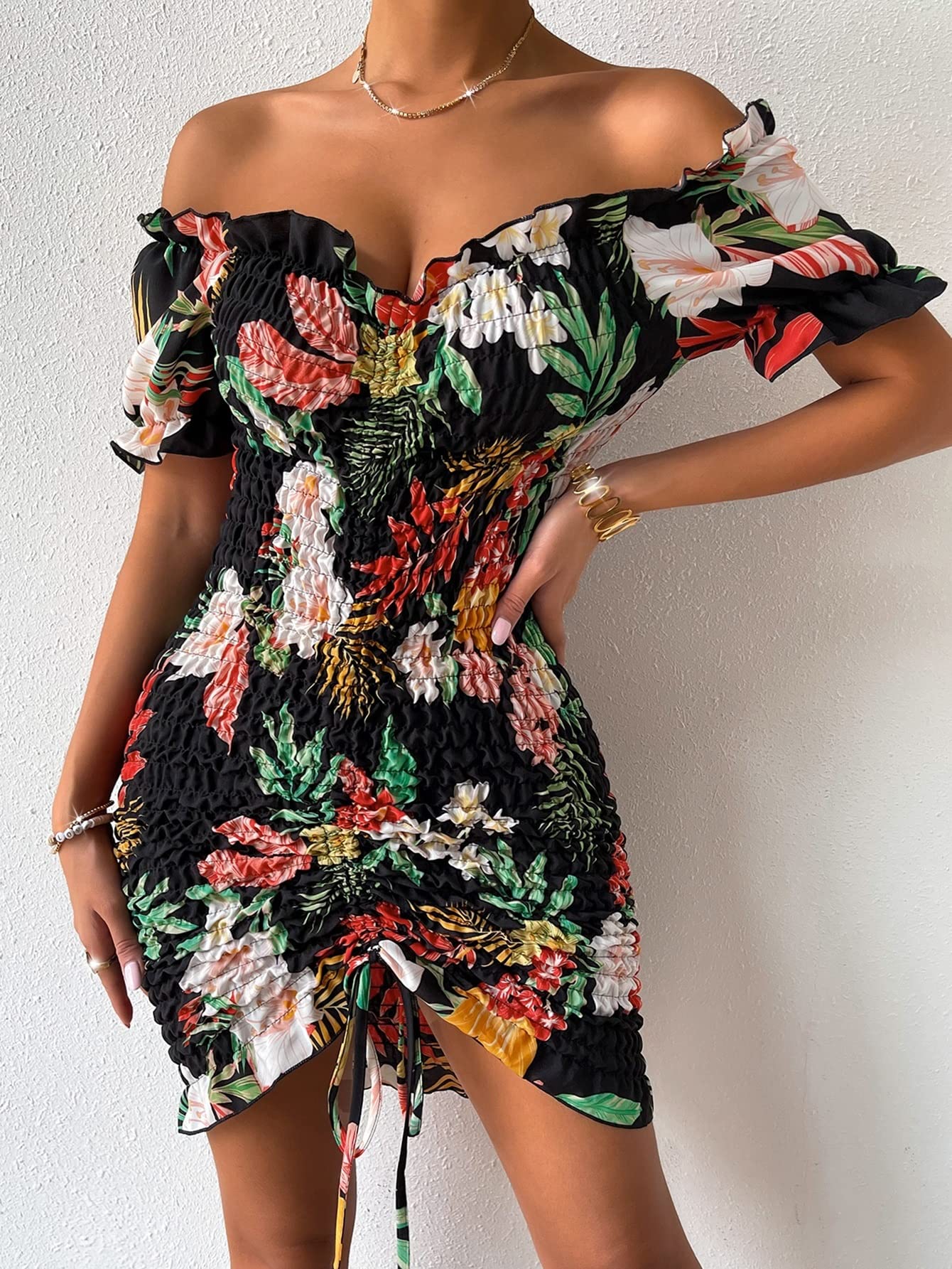Women's Floral Short Sleeve Bodycon Midi Dress - Shirred Front Summer Beach Dress (Multicolor, Size L) | Perfect for Vacation, Date Night & Casual Outings