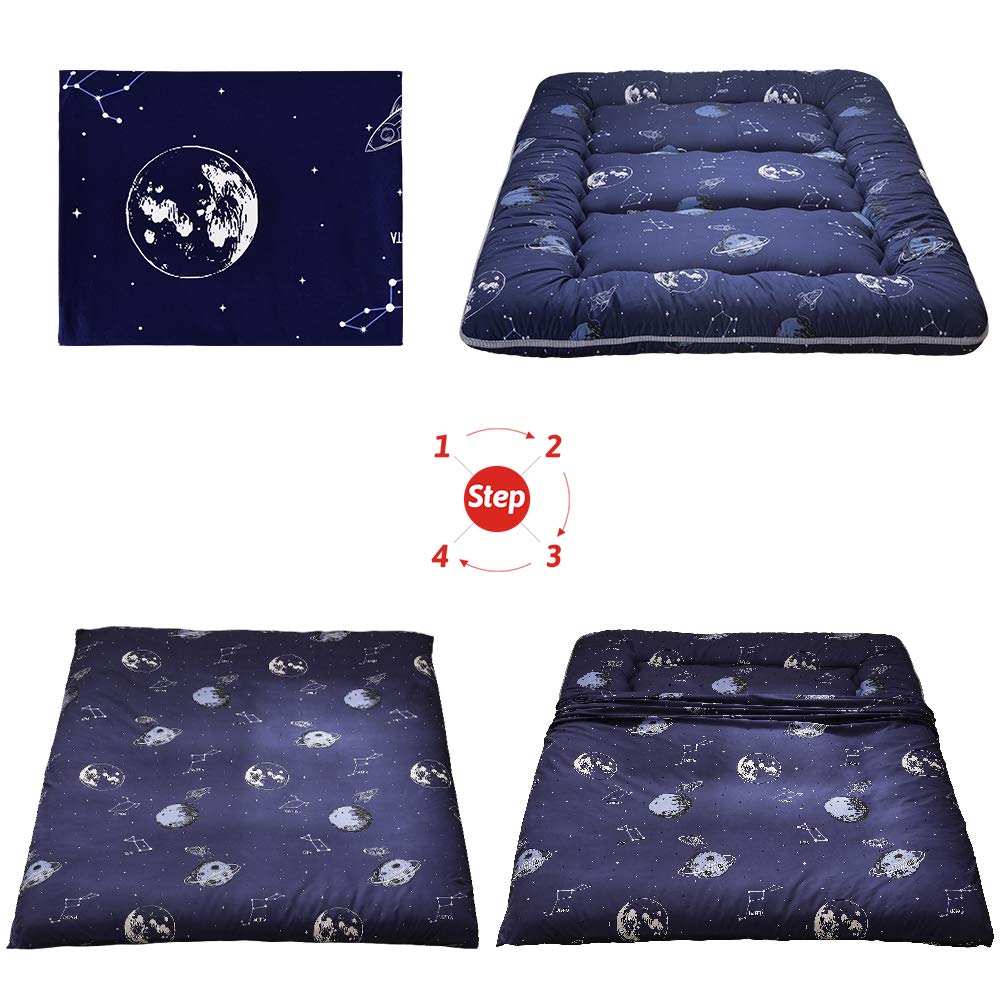 Navy Space Adventure Japanese Floor Futon Mattress - Thick Tatami Mat Sleeping Pad, Foldable Bed Roll Up Mattress for Floor Lounger, Couches & Sofas - Queen Size for Kids & Adults | Perfect for Guest Beds, Camping, Dorm Rooms & Small Spaces
