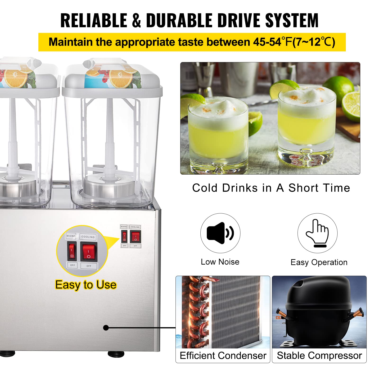 VEVOR 9.5 Gallon Commercial Beverage Dispenser - 2 Tanks, 300W, Stainless Steel, Food Grade, with Thermostat Controller - Perfect for Cold Drinks, Iced Tea, Lemonade at Restaurants, Cafes, Parties & Events