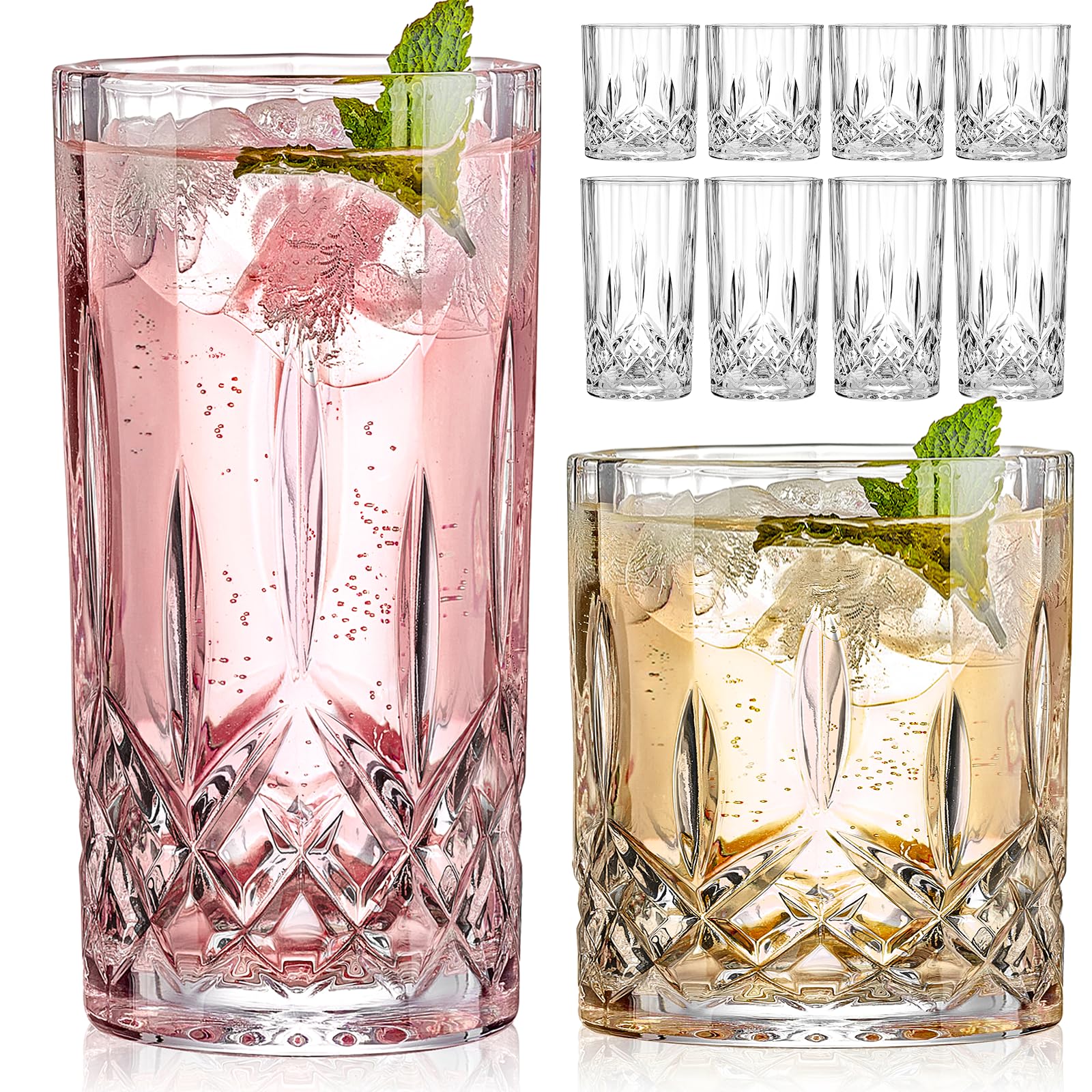 Premium 8-Piece Crystal Drinking Glass Set - 4 Old Fashioned 11oz Highball Glasses & 4 Whiskey Glasses - Elegant Barware for Cocktails, Bourbon, Scotch & Beverages - Perfect for Home Bars, Parties & Gifts