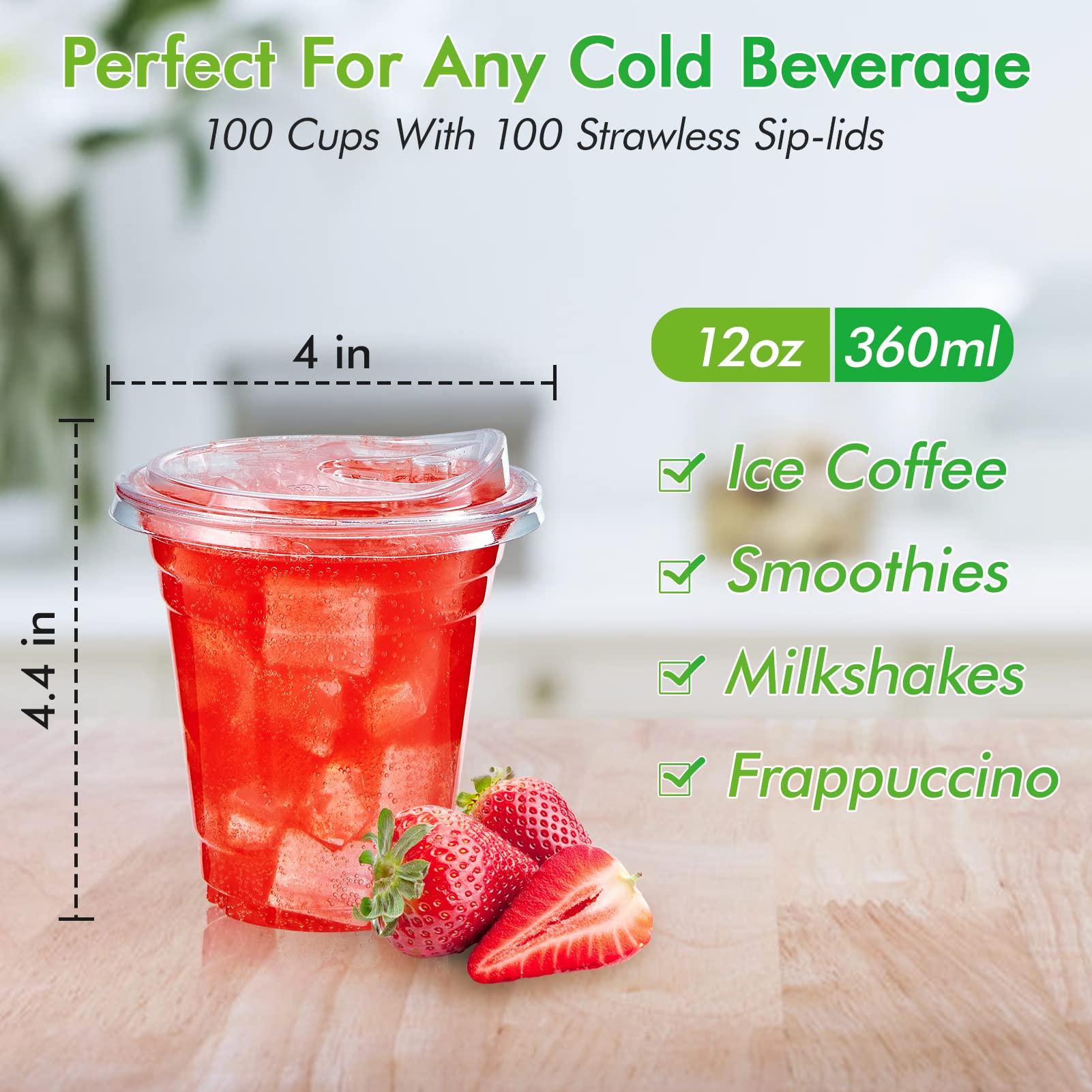 Lilymicky 100-Pack 12 oz Clear Disposable Plastic Cups with Strawless Sip Lids - Perfect for Iced Coffee, Smoothies, Slurpees & Cold Drinks - Ideal for Parties, Picnics, BBQs & Office Use