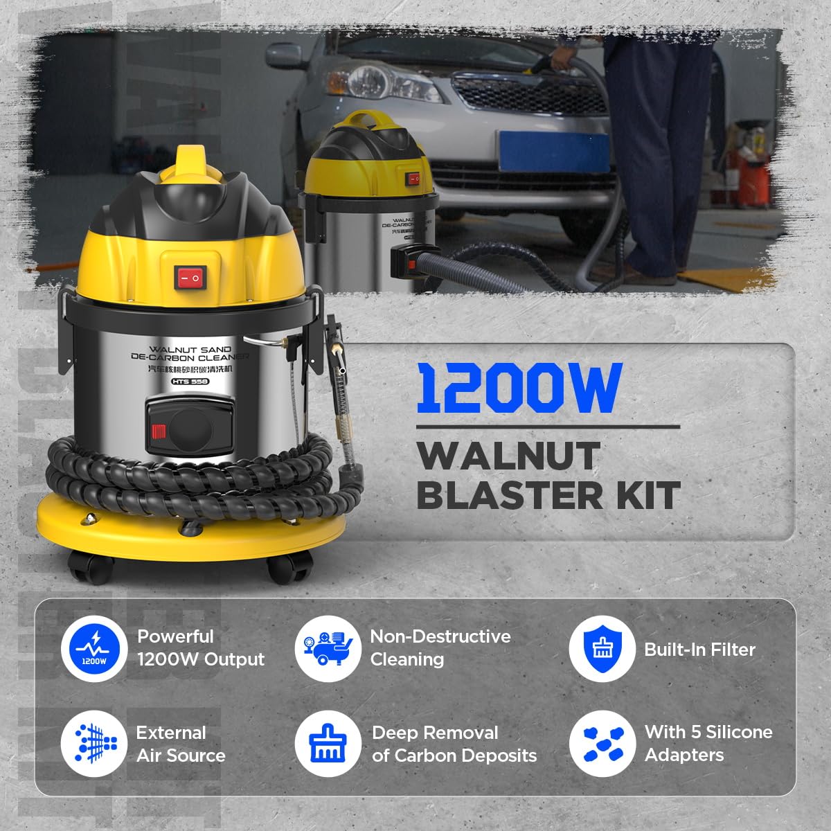 CMTOOL 1200W Walnut Blaster Kit for Carbon Cleaning - 2kg Walnut Sand Included, Automotive Engine & Exhaust Valve Cleaner Machine (HTS558) - Perfect for DIY Car Maintenance & Professional Auto Repair Shops