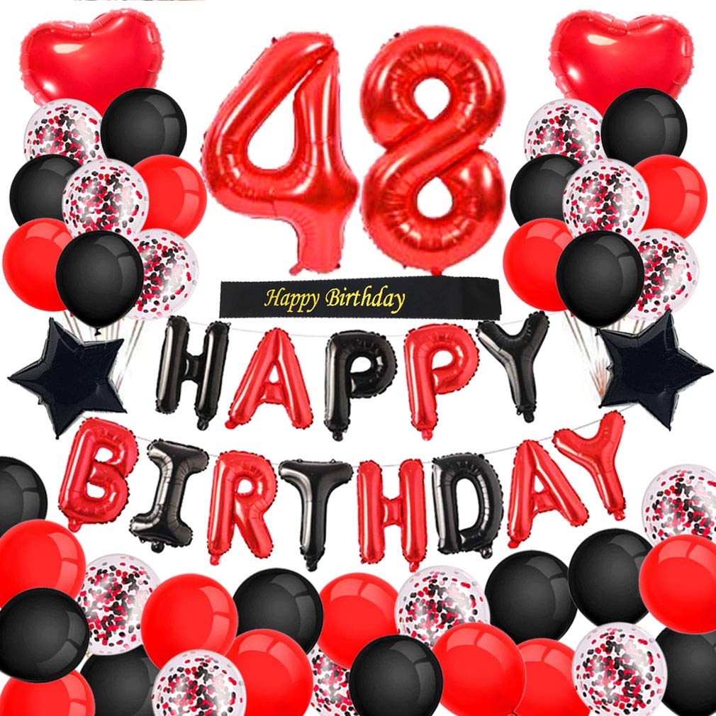 Minhero 48th Birthday Party Decorations - Red & Black Happy Birthday Banner, Number 48 Balloons, Sash with Latex & Confetti Balloons for Women's 48th or 84th Birthday Celebration - Perfect for Milestone Birthday Parties, Retirement Celebrations & Anniversary Events