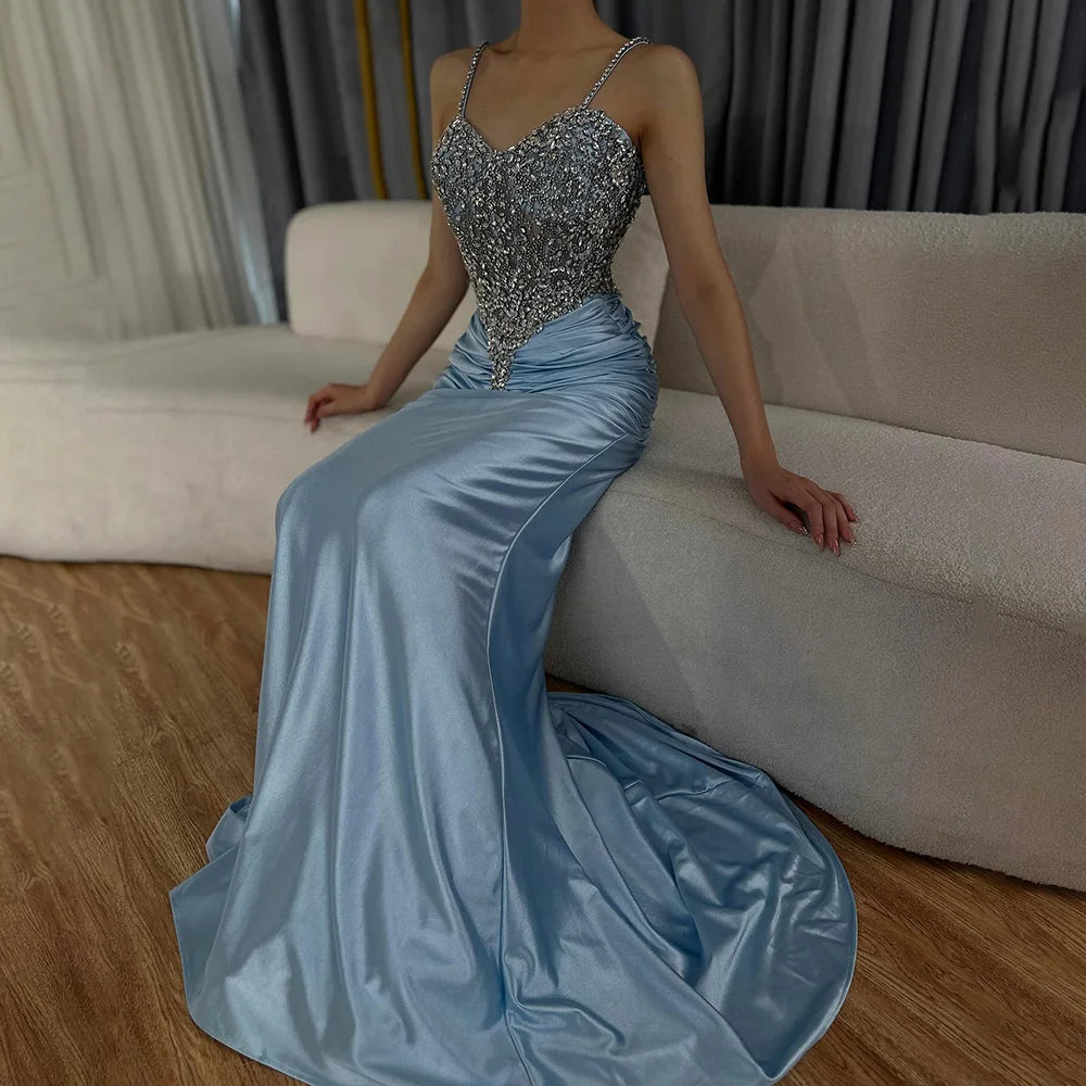 Luxury Dubai Arabic Blue Spaghetti Strap Satin Mermaid Gown - Beaded Saudi Evening Dress for Formal Occasions, Weddings, Prom & Red Carpet Events | LA72729