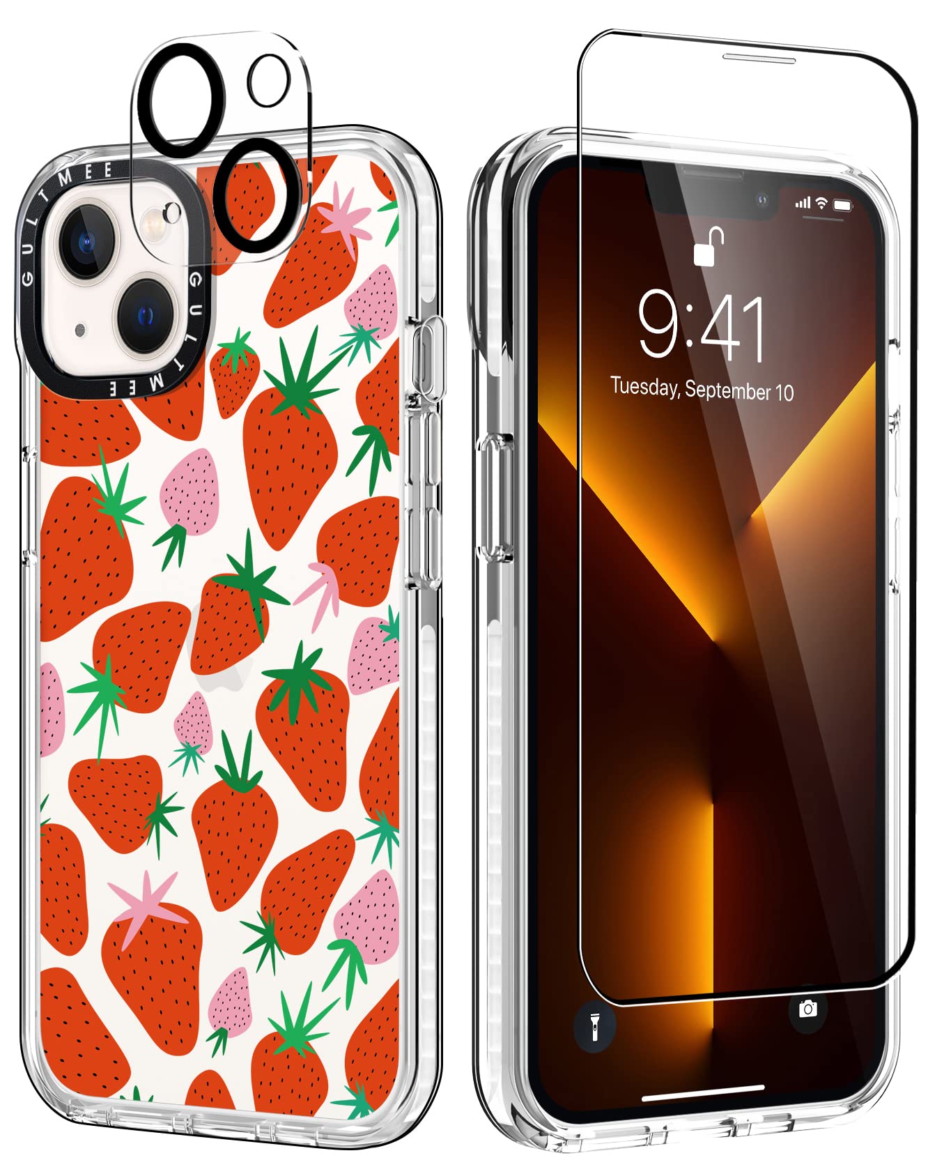 3 in 1 Cute Strawberry iPhone 13 Case with Built-in Bumper, Shockproof Protective Cover, Tempered Glass Screen Protector & Camera Lens Protector - Perfect for Everyday Use, Travel & Outdoor Activities