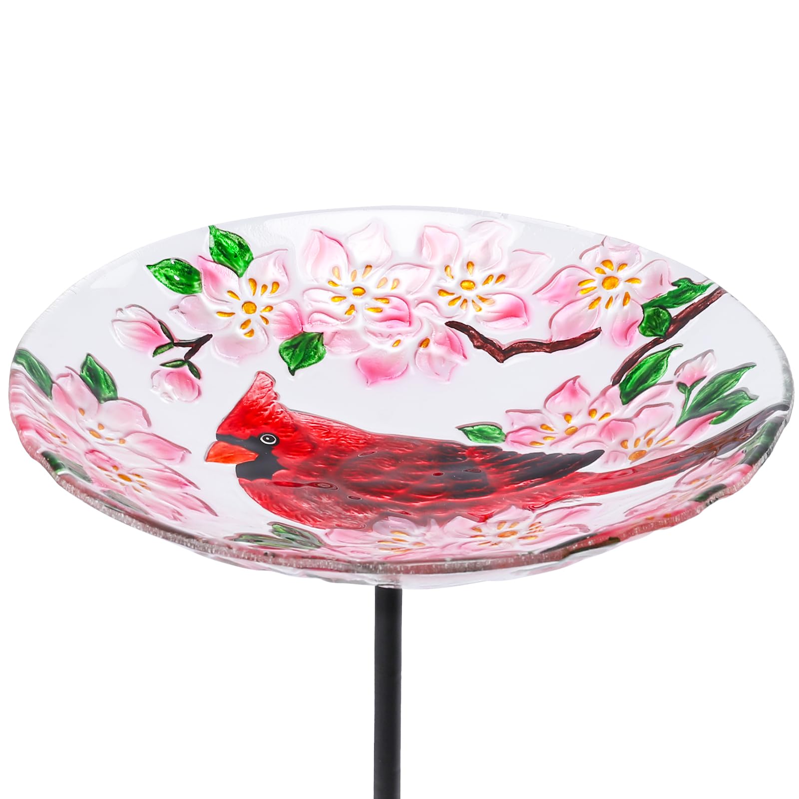 Glass Bird Bath for Outdoors - Cardinal & Flower Design Outdoor Birdbath with Stake - Garden, Patio & Lawn Decoration | Attract Birds to Your Backyard