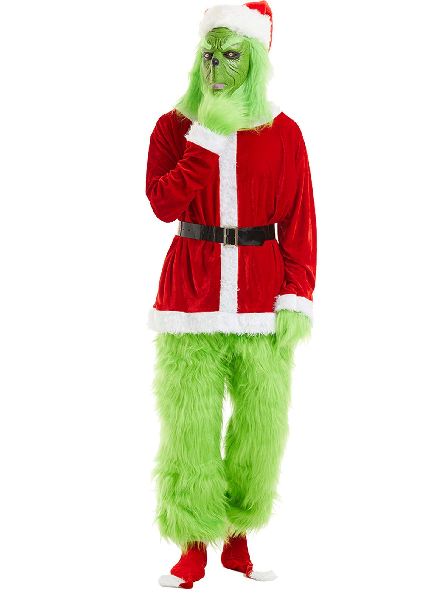 Deluxe 7-Piece Green Christmas Monster Santa Costume Set with Mask - Funny Adult Cosplay Outfit for Halloween, Christmas Parties & Themed Events