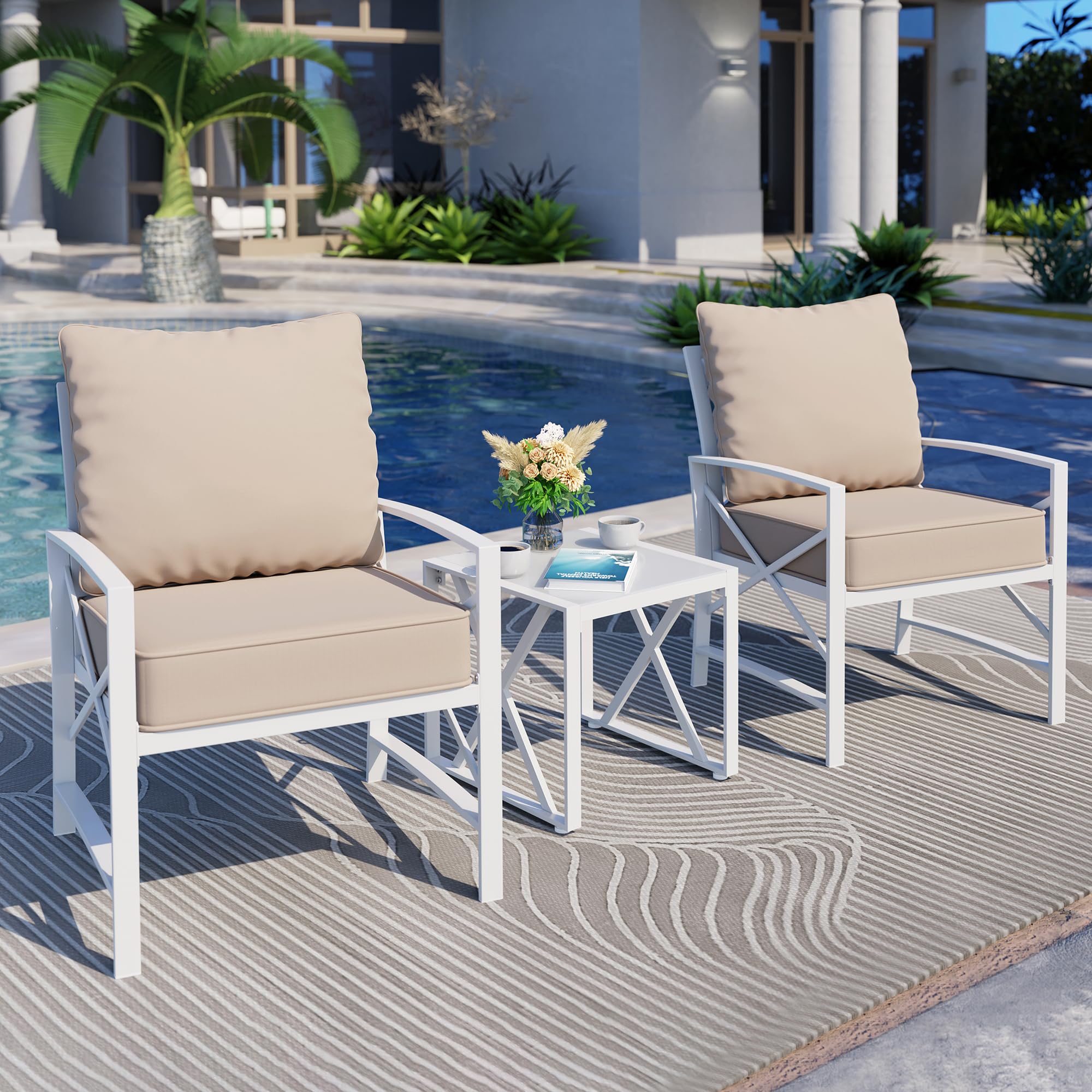 Shintenchi 3-Piece White Metal Outdoor Patio Furniture Set - Modern Sectional Sofa with Coffee Table for Backyard, Garden, Balcony - Weather-Resistant Conversation Set (Khaki) | Perfect for Outdoor Relaxation & Entertaining