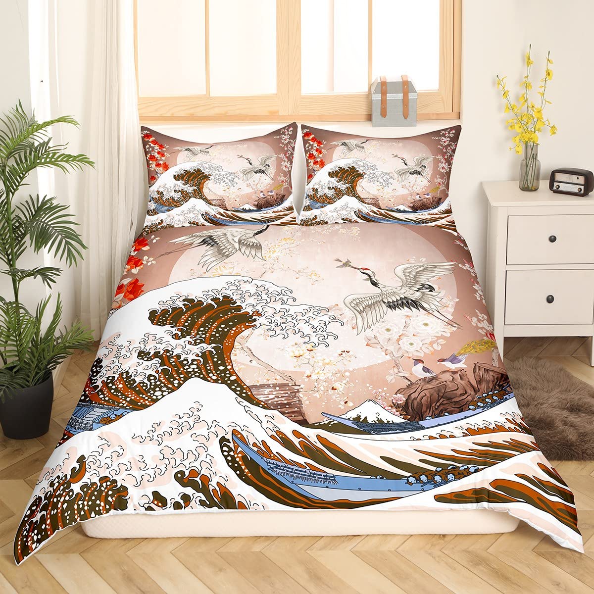 Feelyou Japanese Ukiyoe Style Duvet Cover Set - Hokusai Ocean Wave Print Twin Size Bedding (2Pcs) with Zipper Closure for Kids Boys Girls | Exotic Home Decor, Perfect for Bedroom, Guest Room & Dormitory