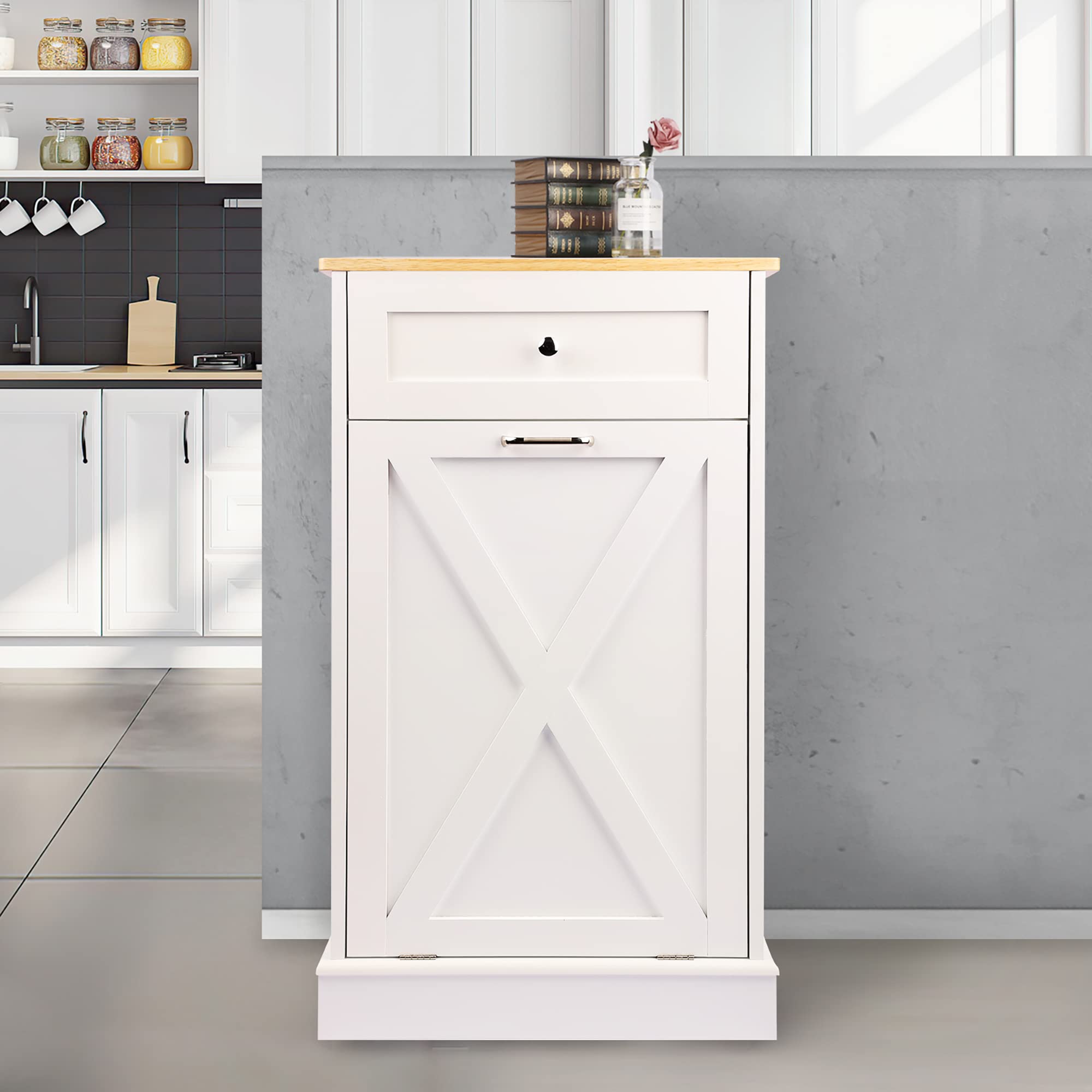 10 Gallon Wooden Tilt-Out Trash Cabinet - Free Standing Laundry Sorter & Recycling Bin with Hideaway Drawer - White Kitchen Waste Storage Solution for Home, Office, and Utility Rooms