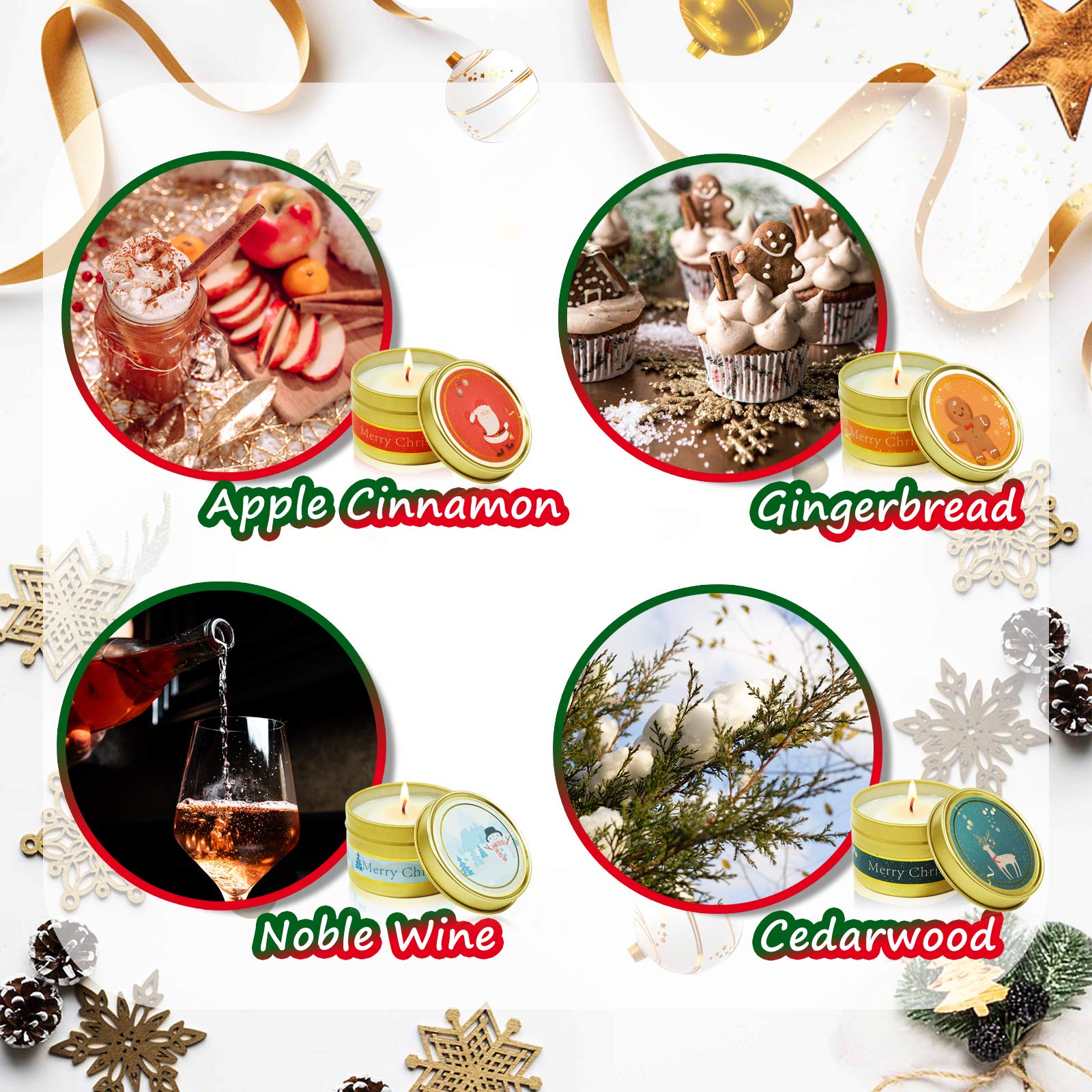 STRN Christmas Scented Candles Gift Set - 4 Pack Holiday Candles in Travel Tins (Apple Cinnamon, Gingerbread, Noble Wine, Winter Cedarwood) for Home Decor, Cozy Ambiance & Thoughtful Gifts