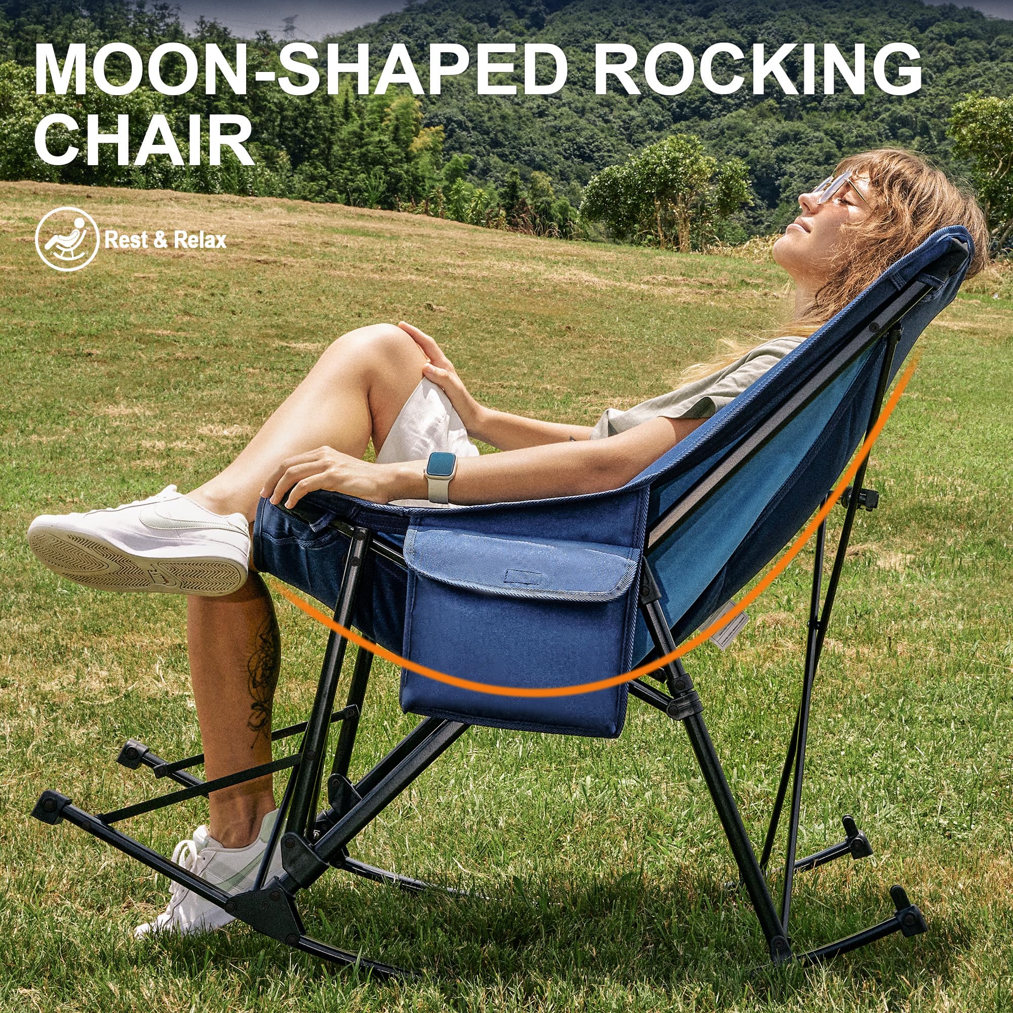 Heavy Duty Oversized Portable Folding Camping Chair with High Back & Side Cup Holders - Blue Outdoor Rocking Chair for Beach, Fishing, Picnic, Concert, Lawn & Travel - Perfect for Relaxing in Backyard, Camping Trips & Outdoor Events