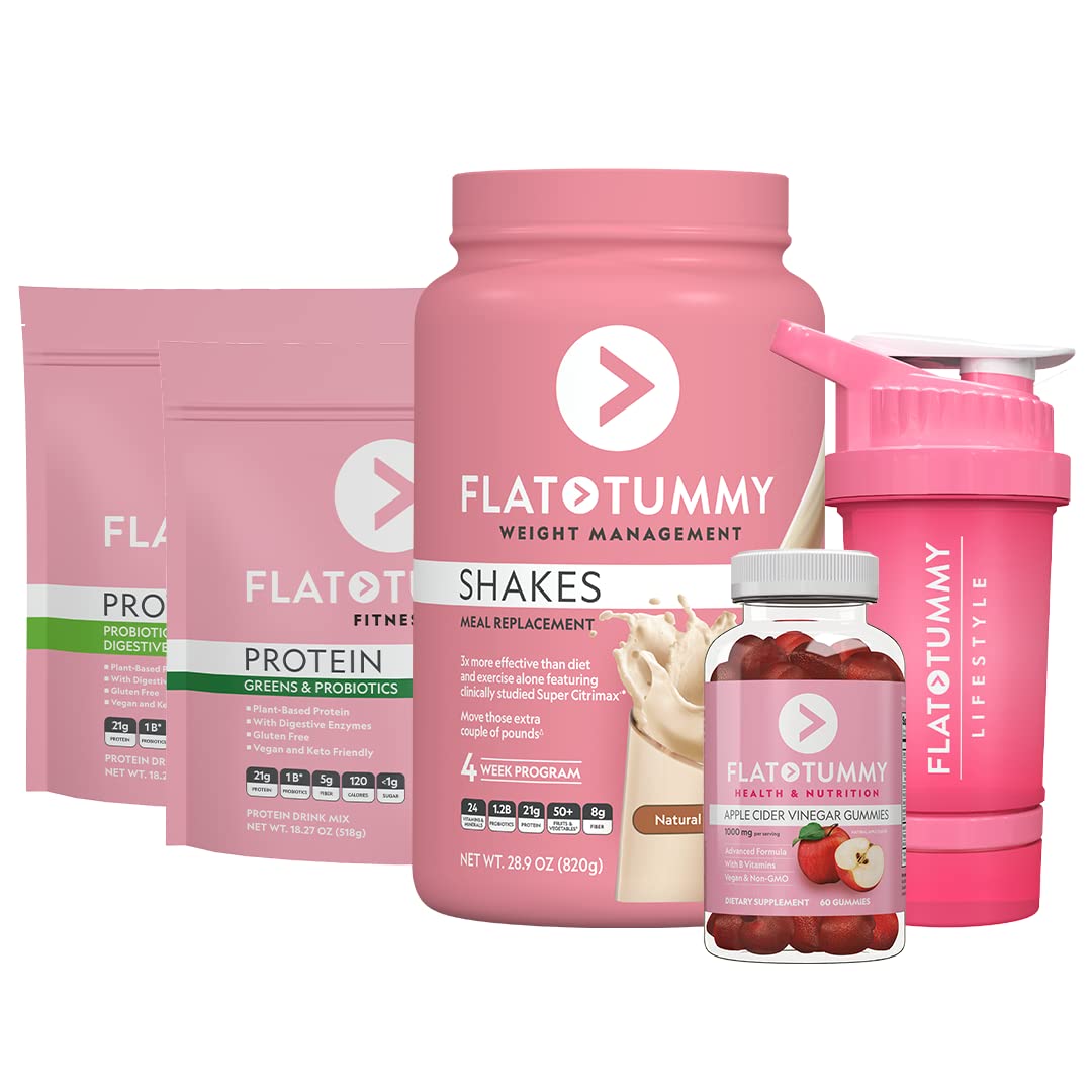 Flat Tummy Tea Protein Bundle - Protein Greens & Probiotics, Digestive Enzymes, Vanilla Meal Replacement Shakes, Apple Cider Vinegar Gummies & Shaker Bottle | Weight Management & Gut Health Support for Women | Perfect for Post-Workout, Meal Replacement & Daily Wellness