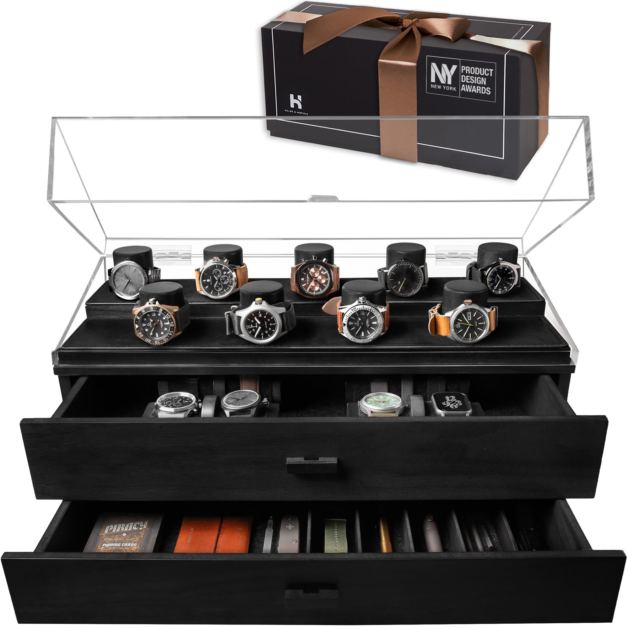 Holme & Hadfield Premium 17-Slot Wooden Watch Display Case - Extra Large Handcrafted Men's Watch Organizer Box with Two Drawers - Luxury Watch Storage for Collectors - Perfect Birthday Gift for Watch Enthusiasts - Ideal for Home, Office, or Jewelry Store Display