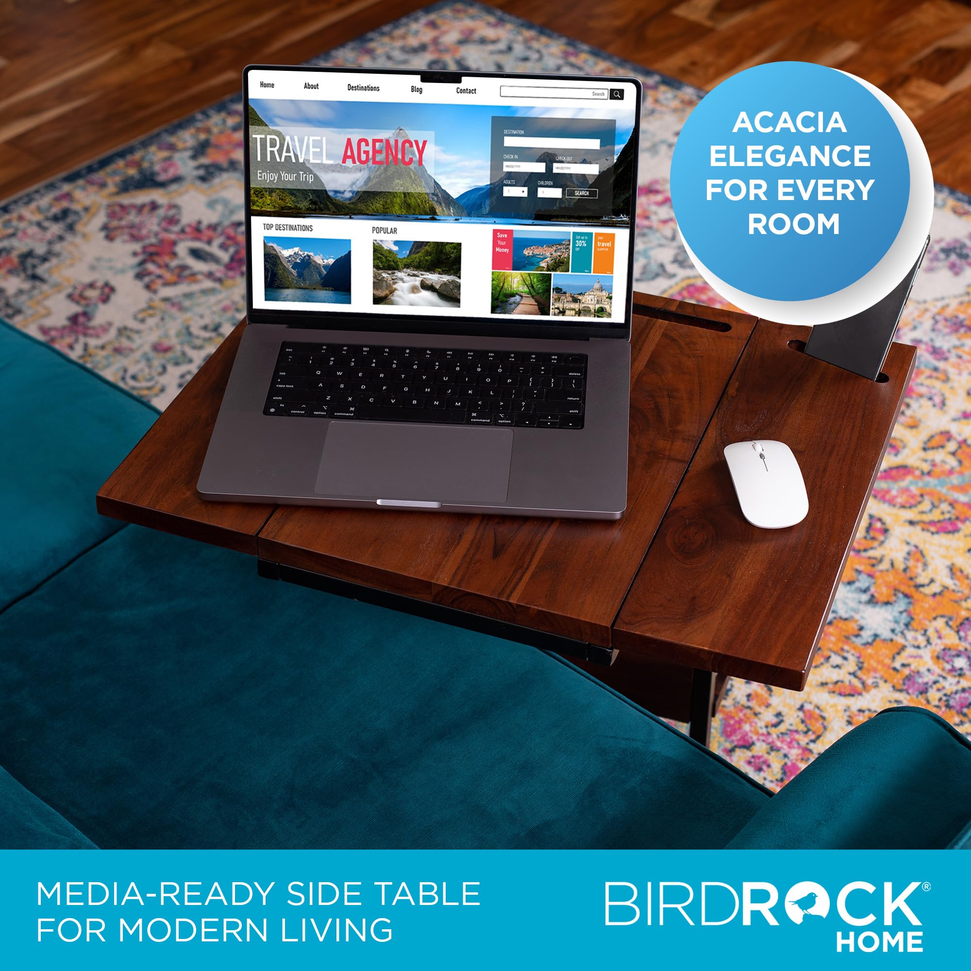BIRDROCK HOME Acacia Wood Expandable C-Shaped Side Table with Phone & Tablet Holder - Laptop TV Tray Desk for Couch, Bed & Sofa - Snack End Table for Living Room & Office - Perfect for Reading, Working & Relaxing