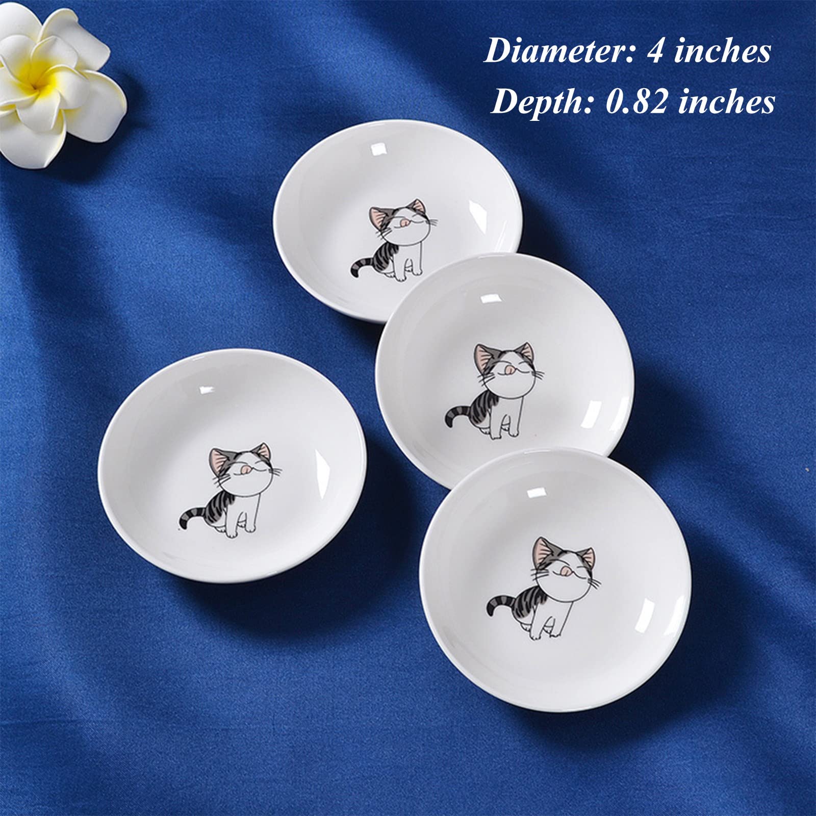 4-Pack Ceramic Cat Pattern Dipping Bowls - 4 Inch Small Sauce Dishes for Sushi, Soy Sauce, Snacks & Seasonings - Cute Porcelain Appetizer Plates for Parties, Home Dining & Japanese Cuisine