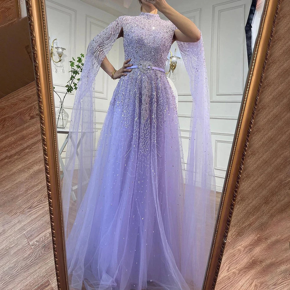 Elegant Gold A-Line Cape Sleeves High Neck Beaded Evening Gown for Women - Luxury Plus Size Formal Dress (LA70066B) | Perfect for Prom, Gala, Wedding & Black Tie Events