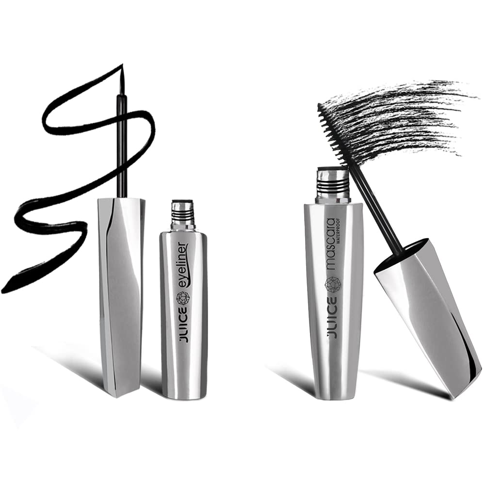 Waterproof & Smudge Proof Liquid Eyeliner and Mascara Combo Pack (Black) | Long Lasting Eye Makeup for Party, Wedding & Everyday Wear | JUICE EL04 & MS04 Duo Set