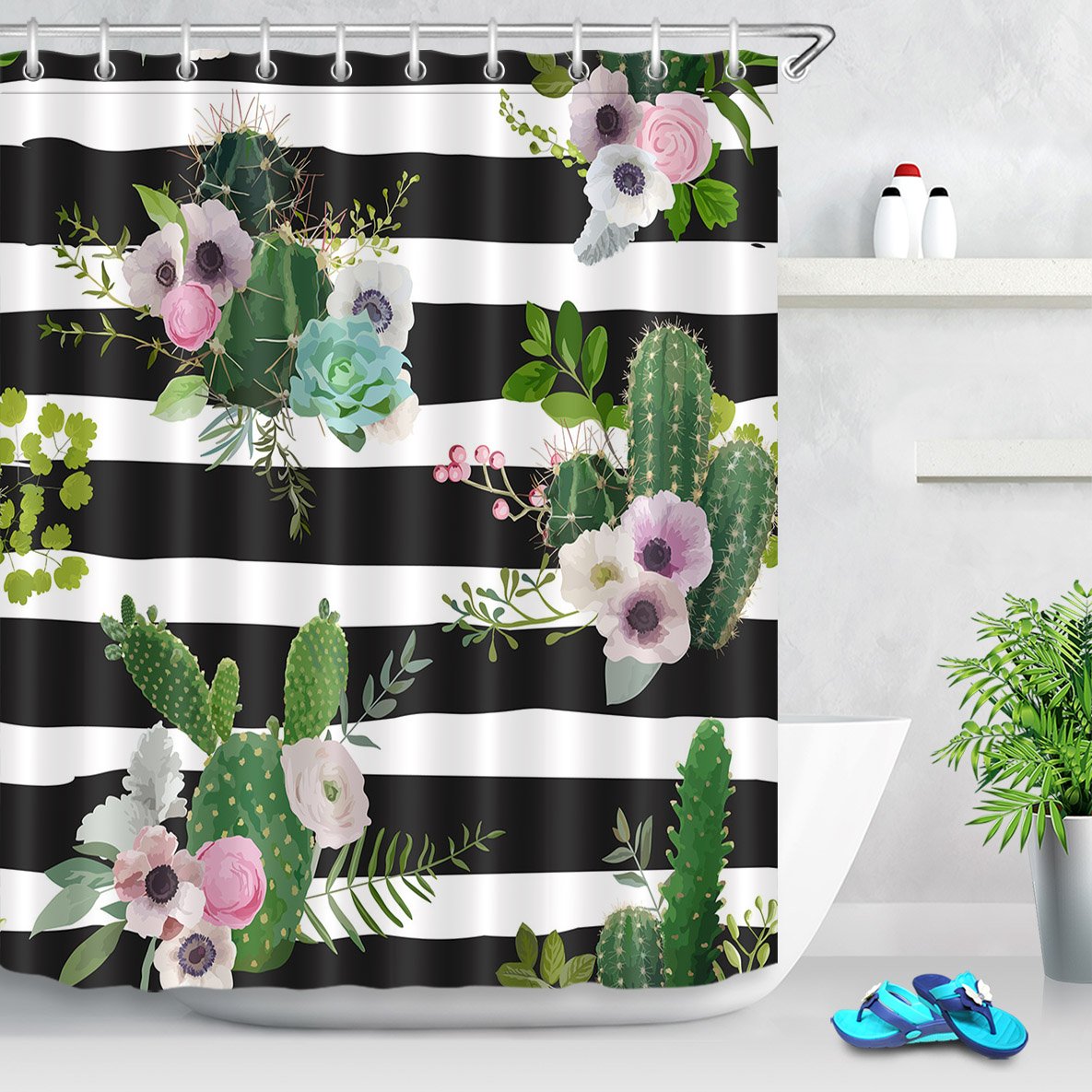 LB Tropical Cactus Shower Curtain - Black & White Striped Bathroom Decor with Green Succulent Plants & Flowers - 72x72 Inch Waterproof Fabric Shower Curtain Set with Hooks - Perfect for Beach House, Boho Bathroom or Tropical Themed Decor