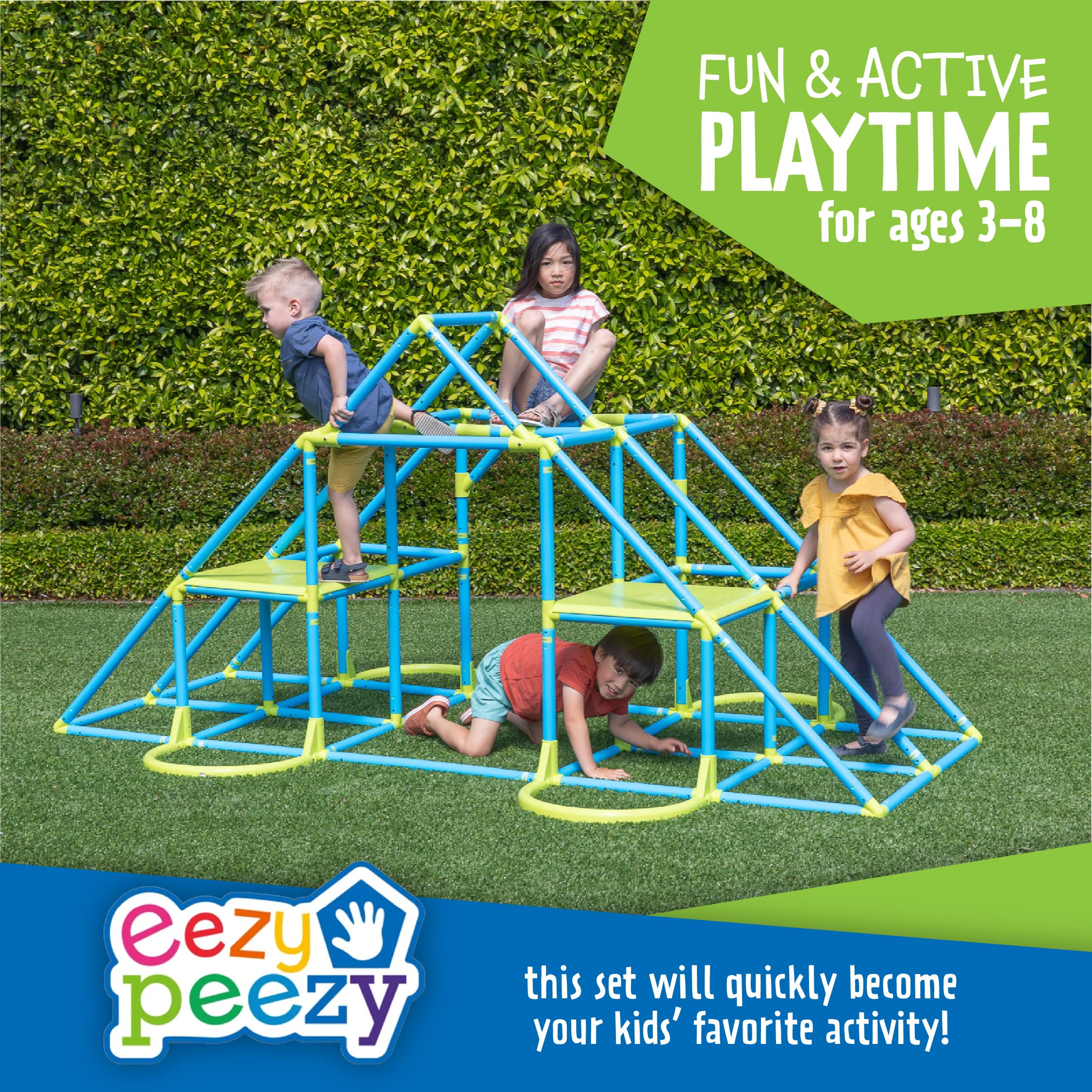 Eezy Peezy Mega Pyramid Monkey Bars Climbing Tower - Outdoor Playground Equipment for Kids Ages 3-8 | Blue & Green Jungle Gym for Backyard, Park & School Play Areas | Encourages Active Play & Physical Development