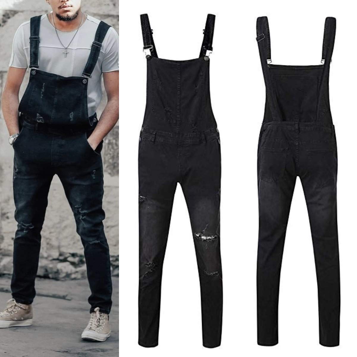 Huixin Men's Denim Overalls - Ripped Bib Jeans Slim Fitted Jumpsuit with Pockets (Black) | Casual Workwear & Street Style Outfit