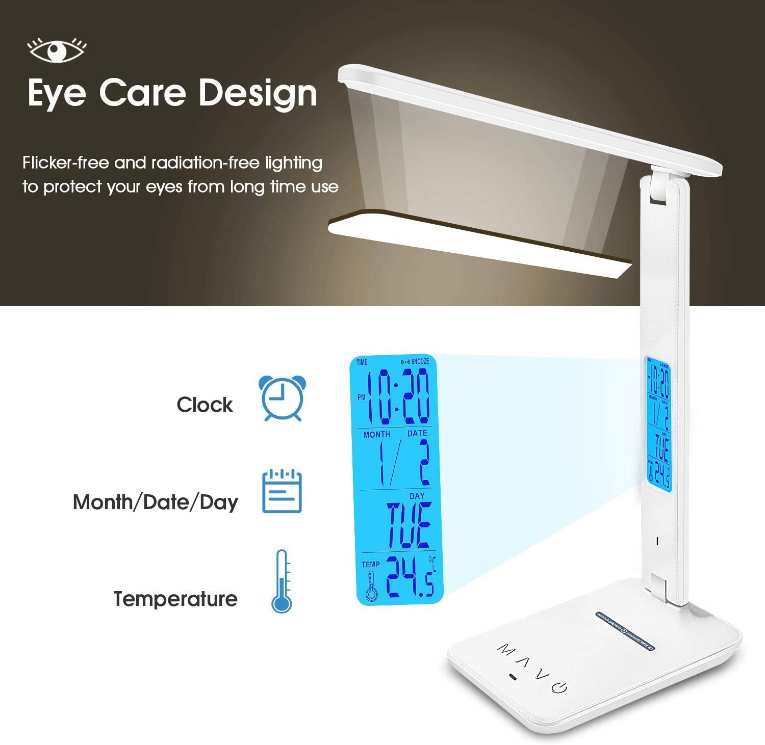 LED Desk Lamp with USB Charging & Wireless Charger - Adjustable Foldable Table Lamp with Clock, Alarm & Date Display - 5-Level Dimmable Lighting for Home Office, Studying, Reading & Working (White) - Perfect for Nightstands, Dorm Rooms & Workspaces