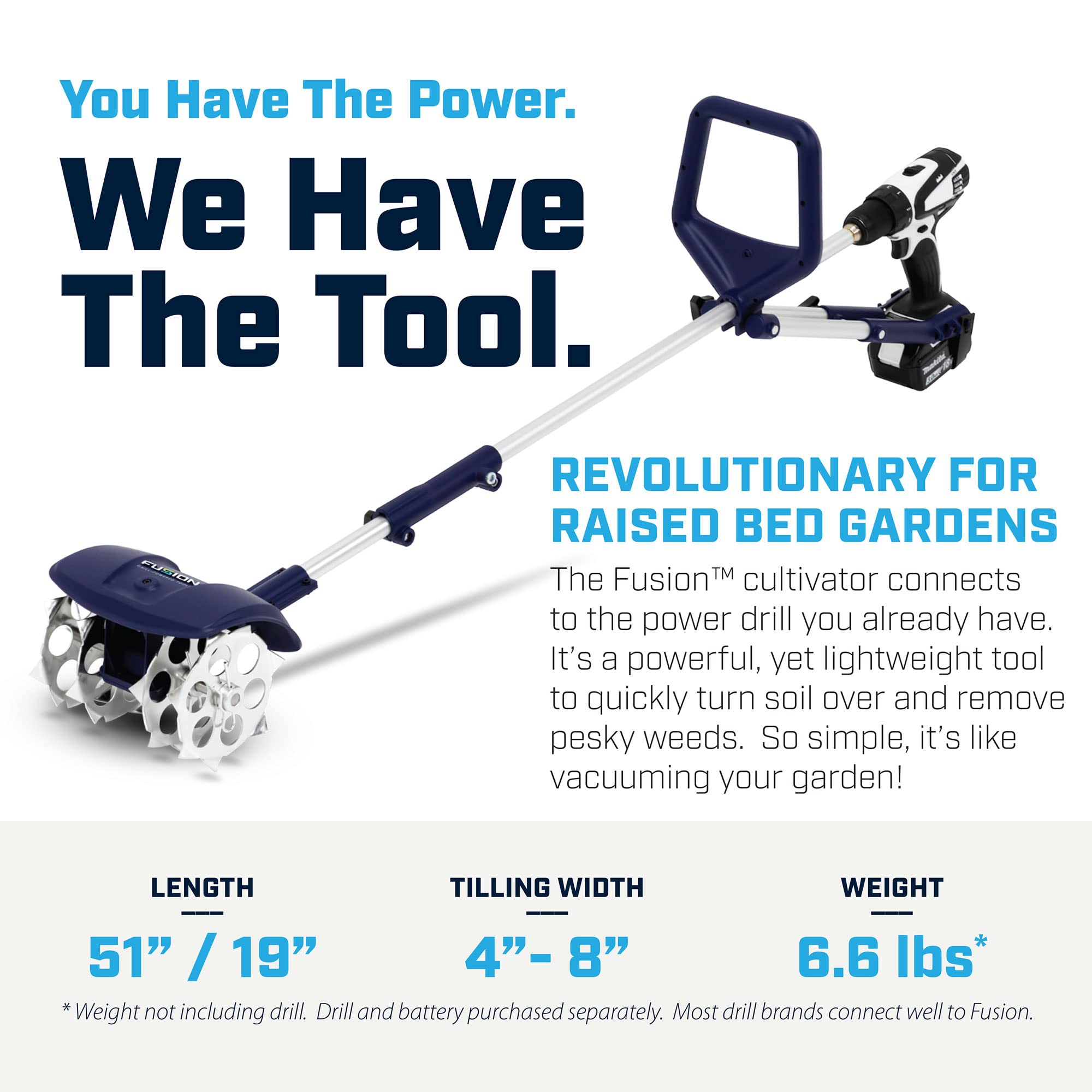 **Fusion Drill-Powered Garden Cultivator - Adjustable Width (Up to 8