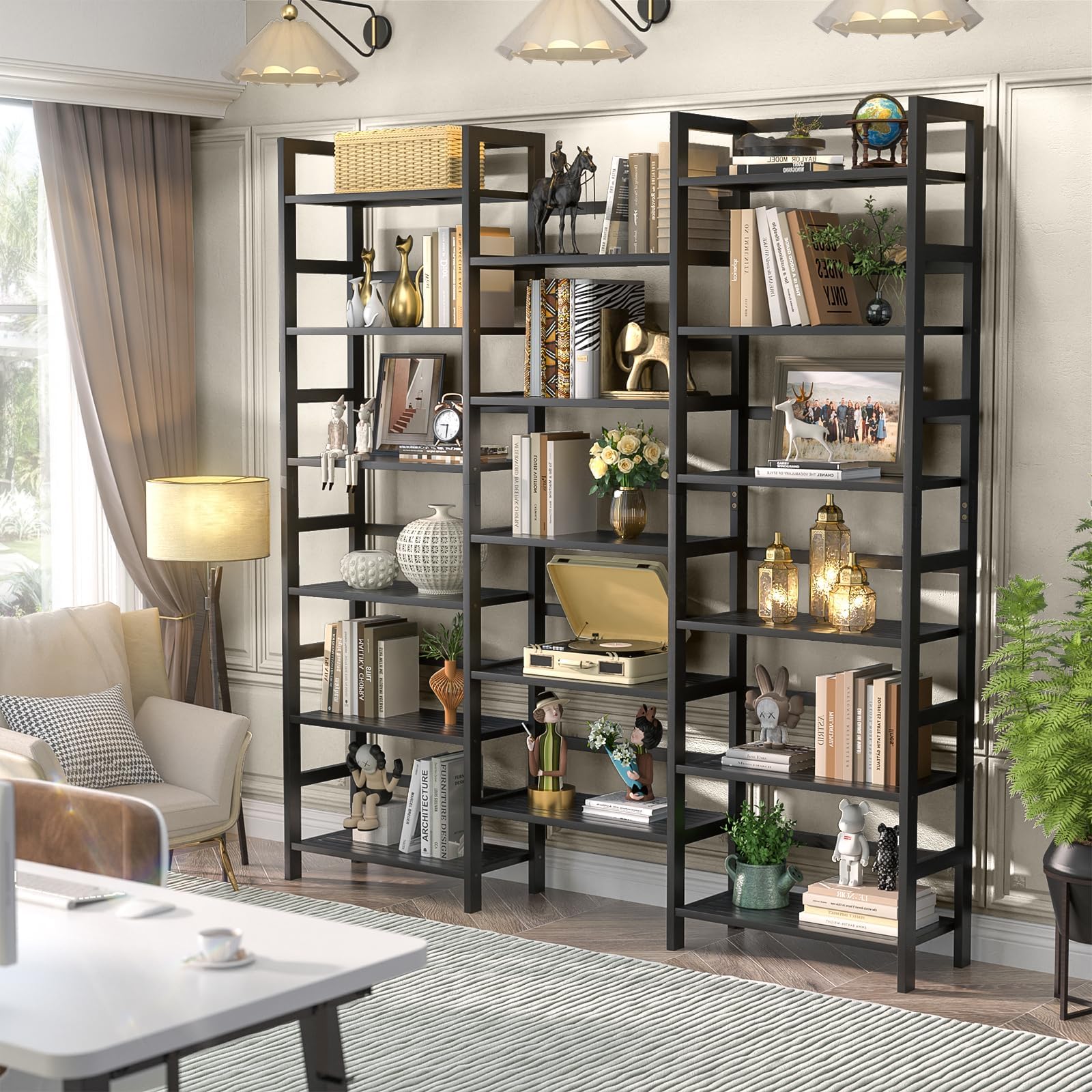 Homykic 6-Tier Bamboo Bookshelf - 6ft Tall Freestanding Bookcase with 17 Open Shelves, Wide Shallow Design for Home Office, Bedroom & Living Room - Perfect for Organizing Books, Decor & Display Items (Black)