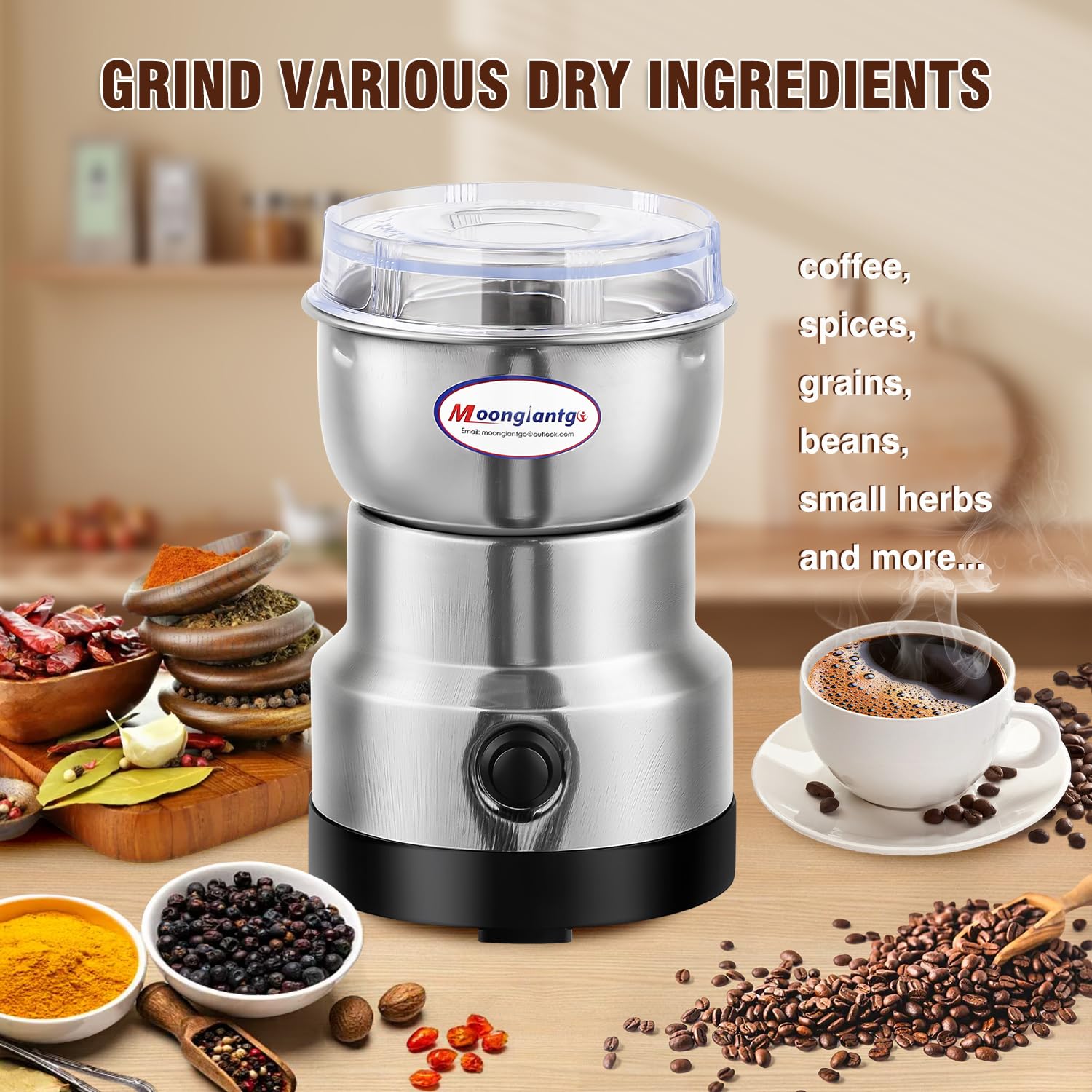 Moongiantgo Electric Coffee Grinder & Spice Grinder - 200W Powerful Motor, 10-Second Fast Grinding, Stainless Steel Blade for Coffee Beans, Nuts, Seeds, Rice & Spices - Perfect for Home Kitchen, Camping & Travel (Silver, 110V)