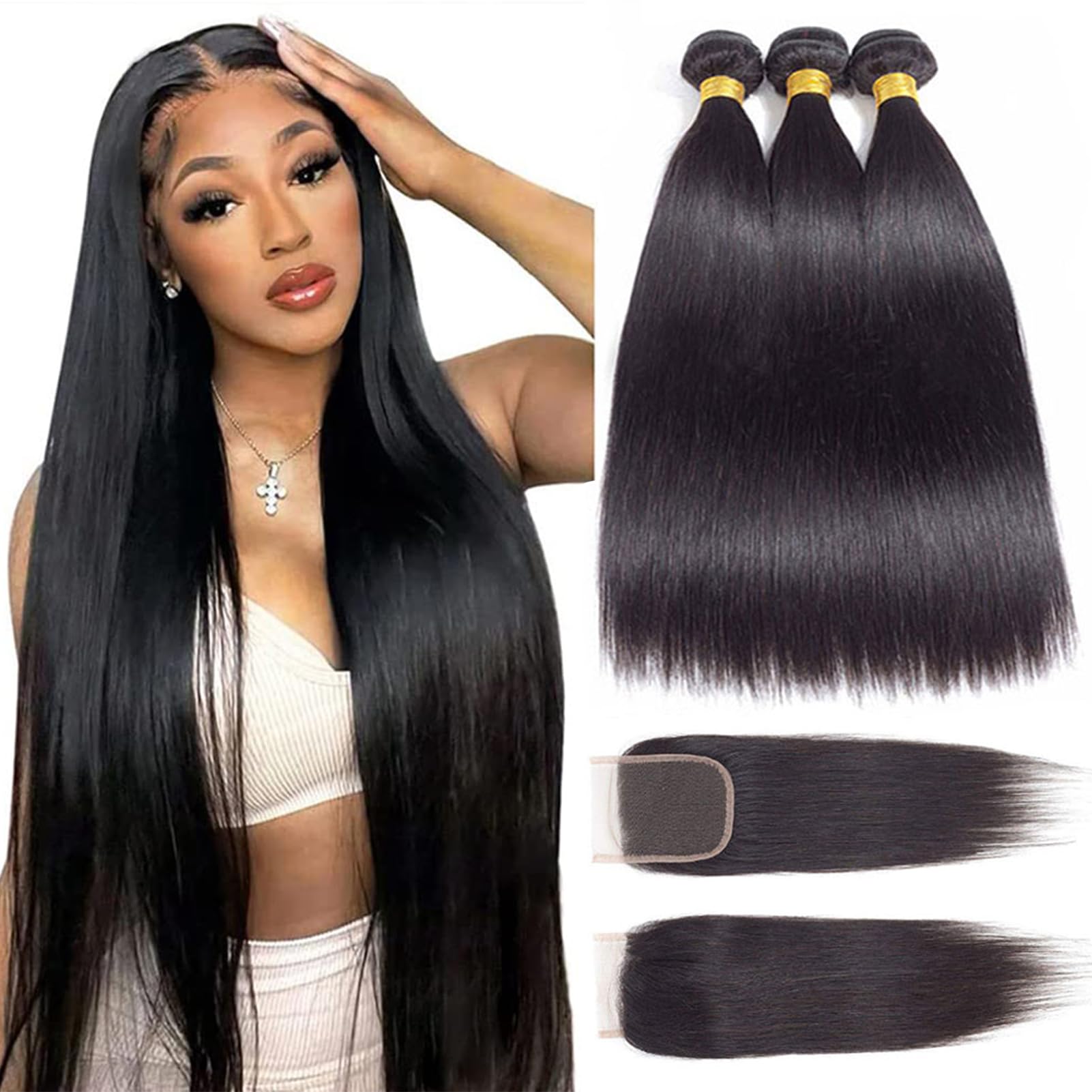 12A Brazilian Virgin Remy Human Hair Bundles with Closure (22 24 26+20 Inches) - 100% Unprocessed Straight Hair Extensions for Natural Look - Perfect for Daily Styling, Weddings & Special Occasions