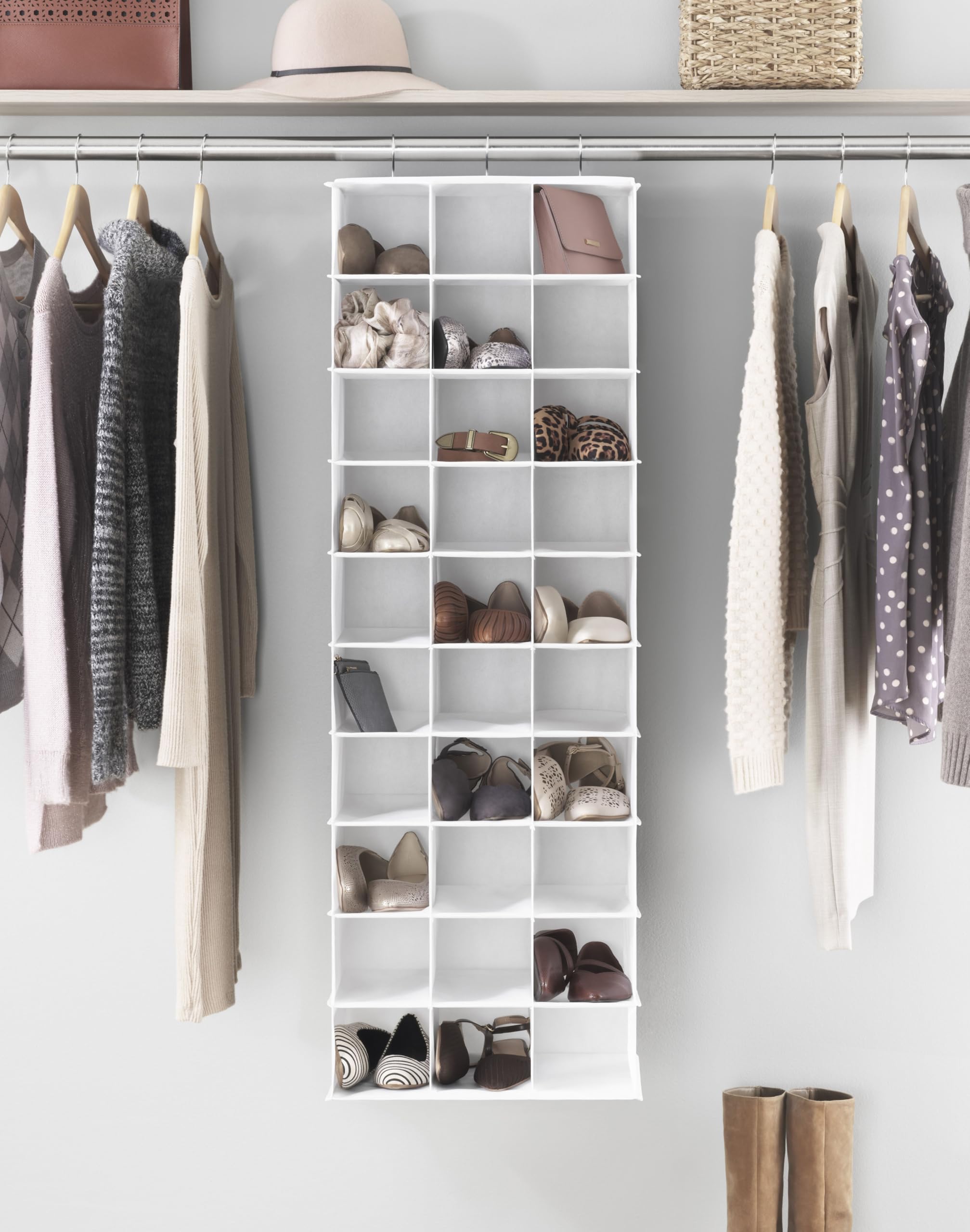 Whitmor Hanging Shoe Organizer - 30-Pocket Closet Storage for Shoes, Accessories & More - Space Saving Solution for Bedroom, Closet or Entryway (White)