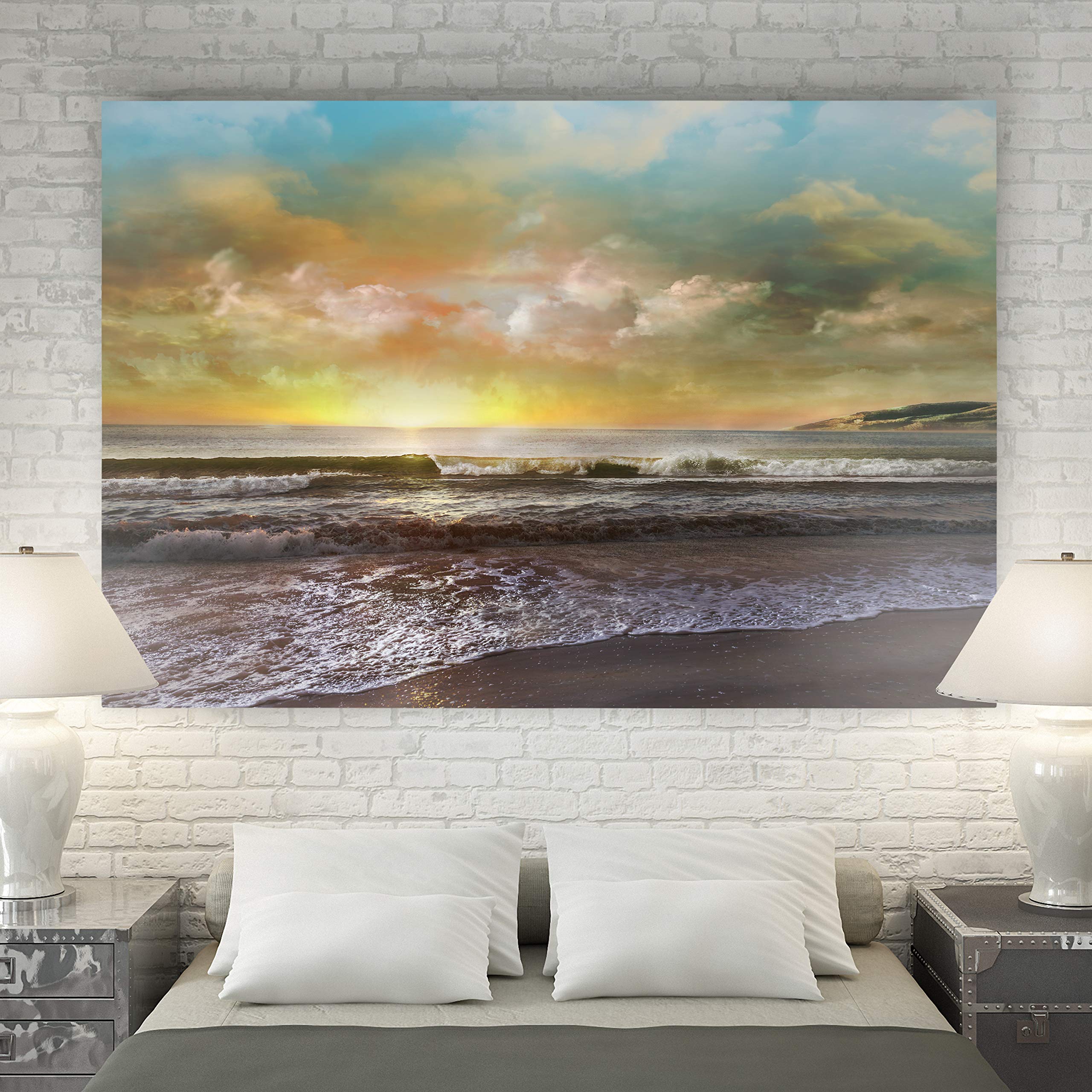 Stunning Canvas Nature Art - Calm Ocean Beach Sunset Landscape Wall Hanging Print for Home, Office & Kitchen Decor (32