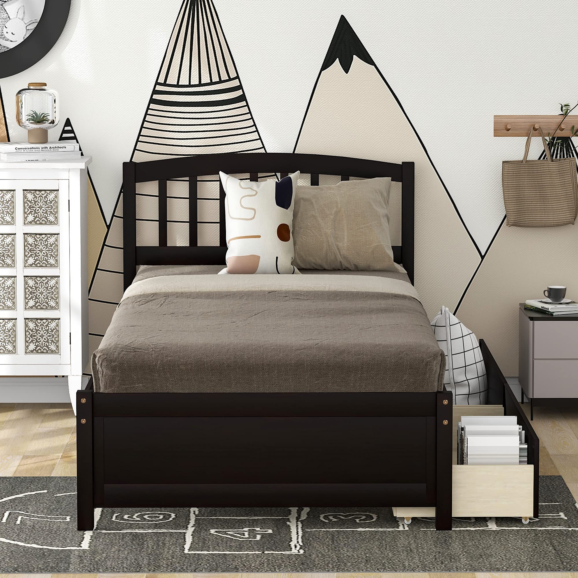 Harper & Bright Designs Twin Storage Bed Frame with 2 Drawers & Headboard - Wood Platform Bed in Espresso Finish - Perfect for Kids Rooms, Guest Bedrooms & Small Spaces