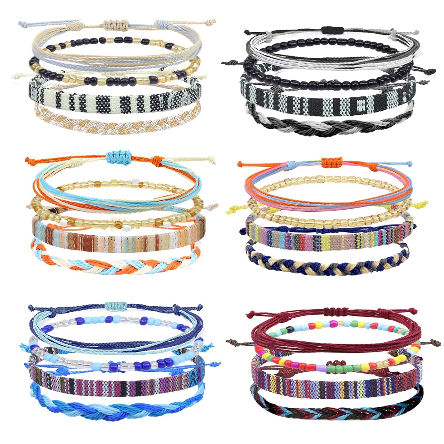 24 PCS Handmade Boho Adjustable Beaded Anklets & Bracelets - Colorful Braided String Rope Jewelry for Women & Men | Waterproof Beach Accessories for Summer, Festivals & Boho Fashion