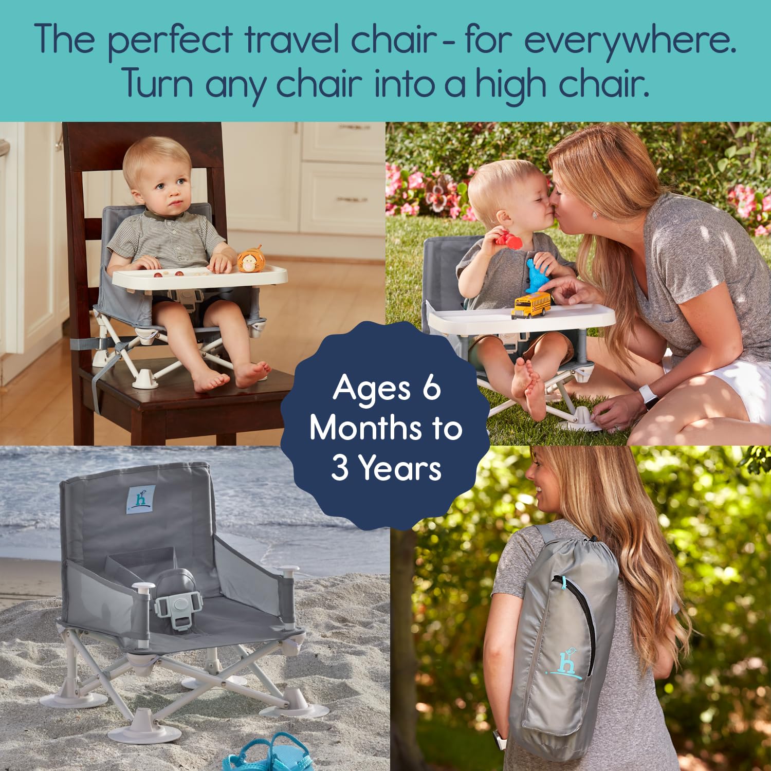 Hiccapop OmniBoost Portable Baby Booster Seat with Tray - Foldable Travel High Chair for Dining, Camping, Beach & Grandma's House | Tip-Free Design with Secure Straps for Kitchen Chairs | Perfect for Restaurants, Picnics & Family Gatherings