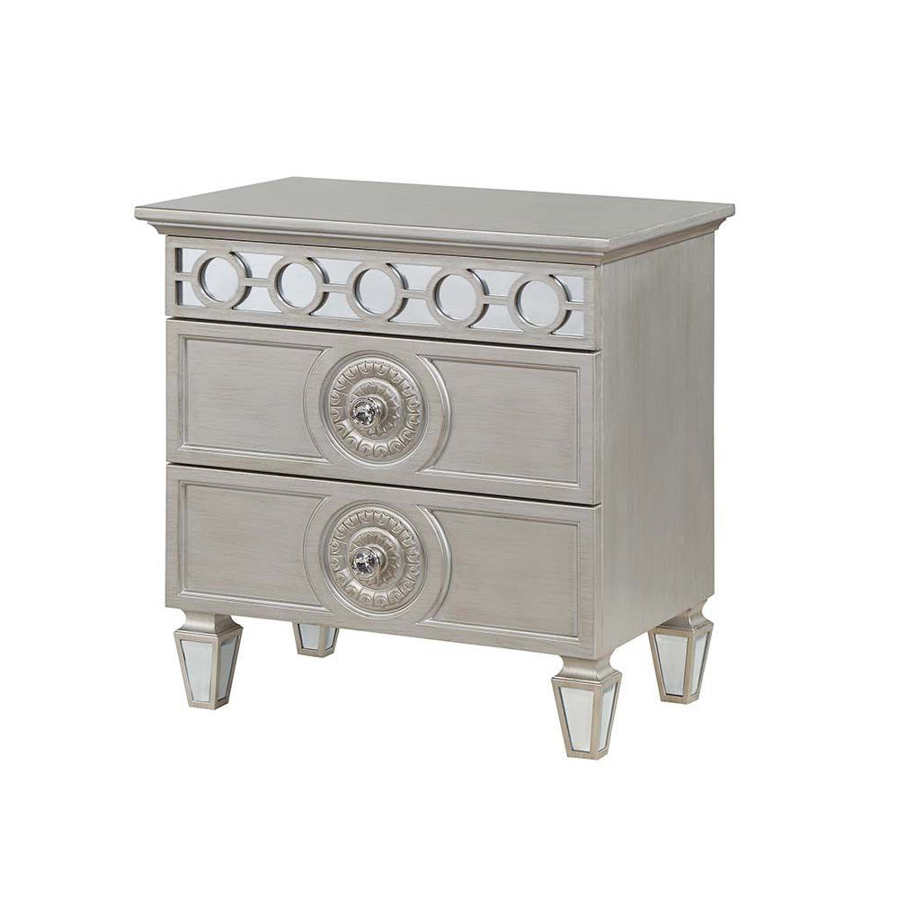 Silver Finish 2-Drawer Nightstand with Mirror Inlay - Bedside Table for Bedroom, Guest Room & Small Spaces